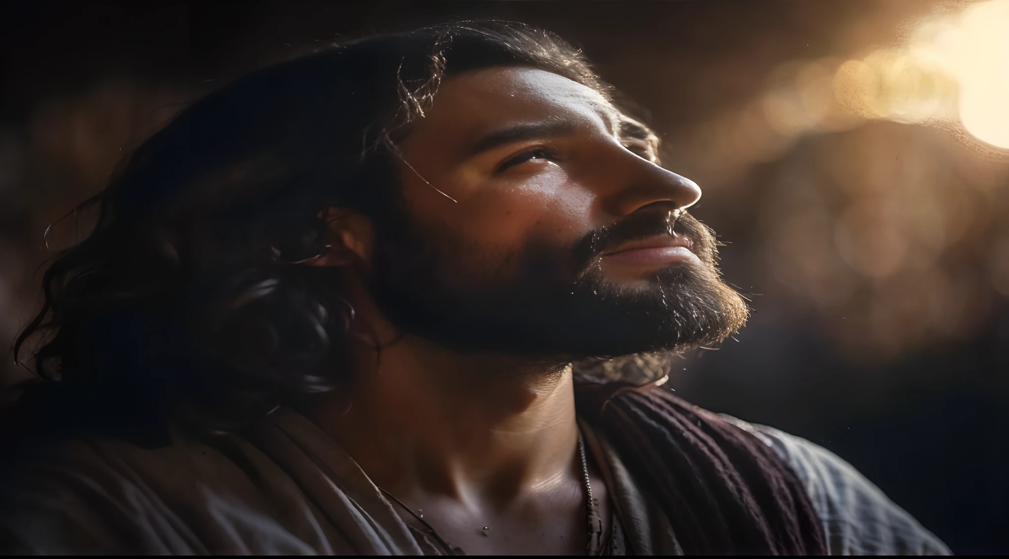 Retrato moderno de Jesus, said to his disciples, cinematic lighthing, profundidade de campo, Bokeh, Realismo, fotorrealista, hiper-realismo, fotografia profissional, UHD, DSLR, HDR