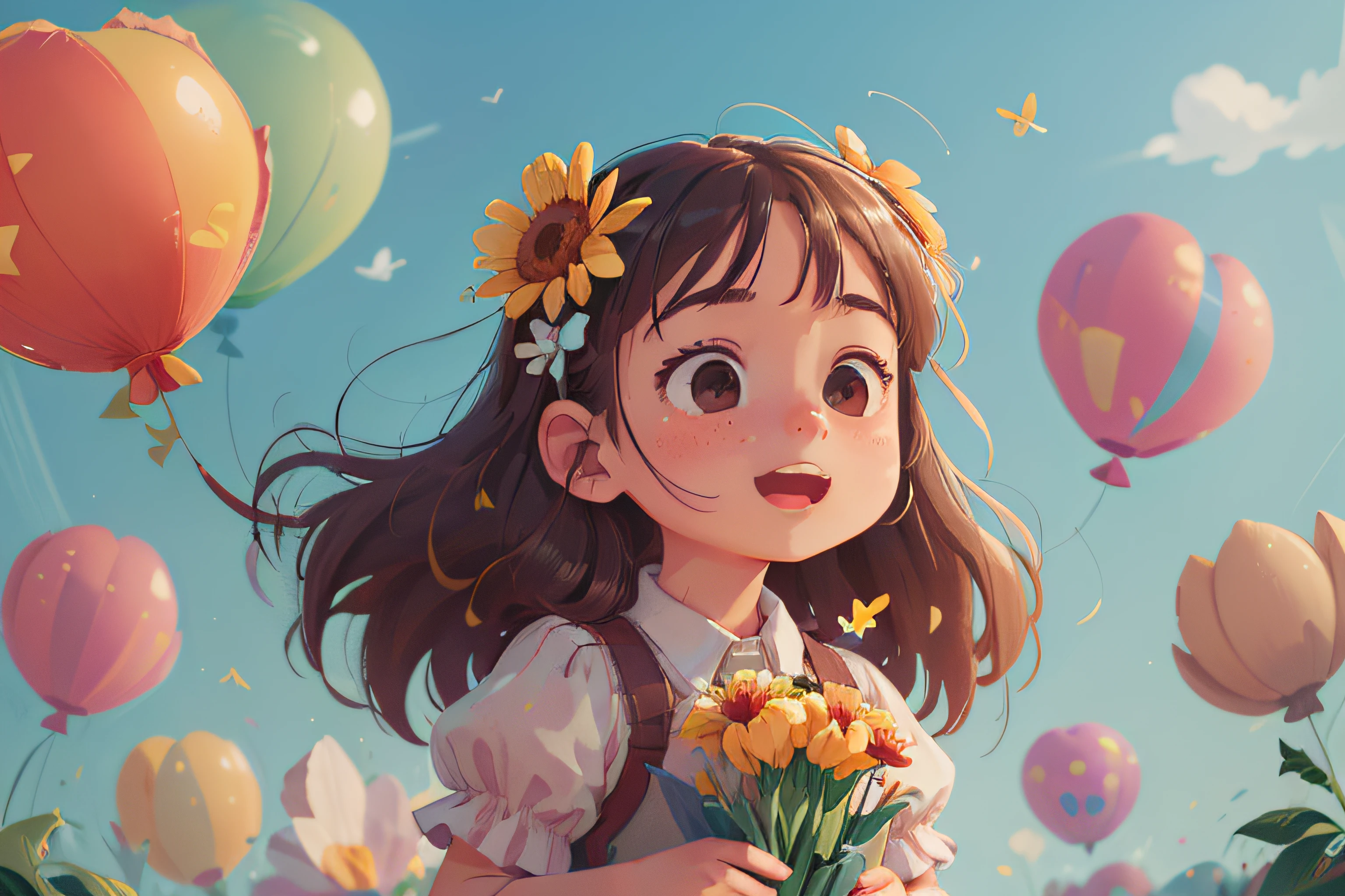 A girl holding flowers, colorful balloons floating in the sky, meadow, dancing, holding flowers, happy, happy, perfect quality, clear focus (clutter-home: 0.8), (masterpiece: 1.2) (Realistic: 1.2) (Bokeh) (Best quality) (Detailed skin: 1.3) (Intricate details) (8K) (Detail Eyes) (Sharp Focus), (Happy)