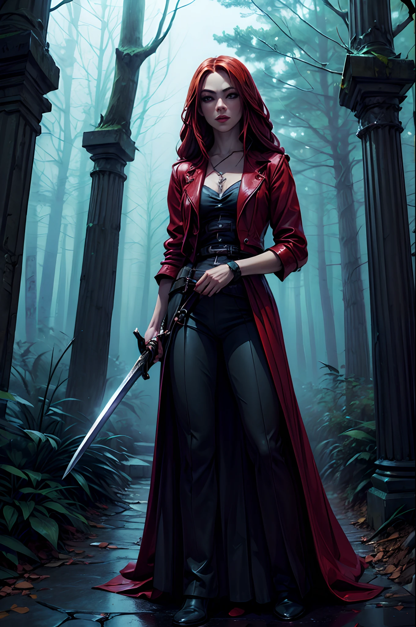 (masterpiece), (ultradetailed)hdr, 8k, (dinamic pose:1.9), realistic, (dark forest temple at night), dark night, Female Vampire Hunter, holding a sword, petite, red long hair,