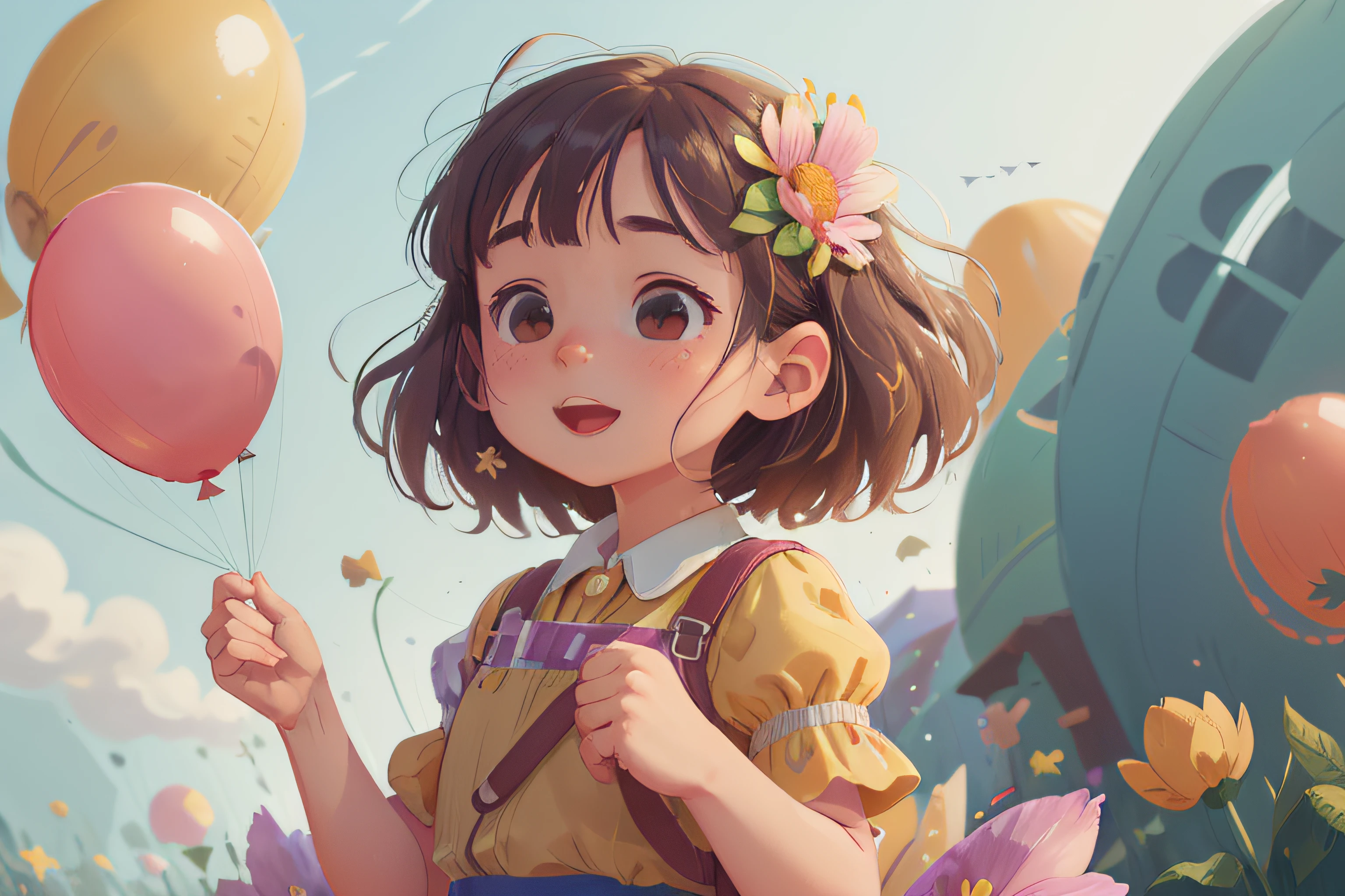 A girl holding flowers, colorful balloons floating in the sky, meadow, dancing, holding flowers, happy, happy, perfect quality, clear focus (clutter-home: 0.8), (masterpiece: 1.2) (Realistic: 1.2) (Bokeh) (Best quality) (Detailed skin: 1.3) (Intricate details) (8K) (Detail Eyes) (Sharp Focus), (Happy)