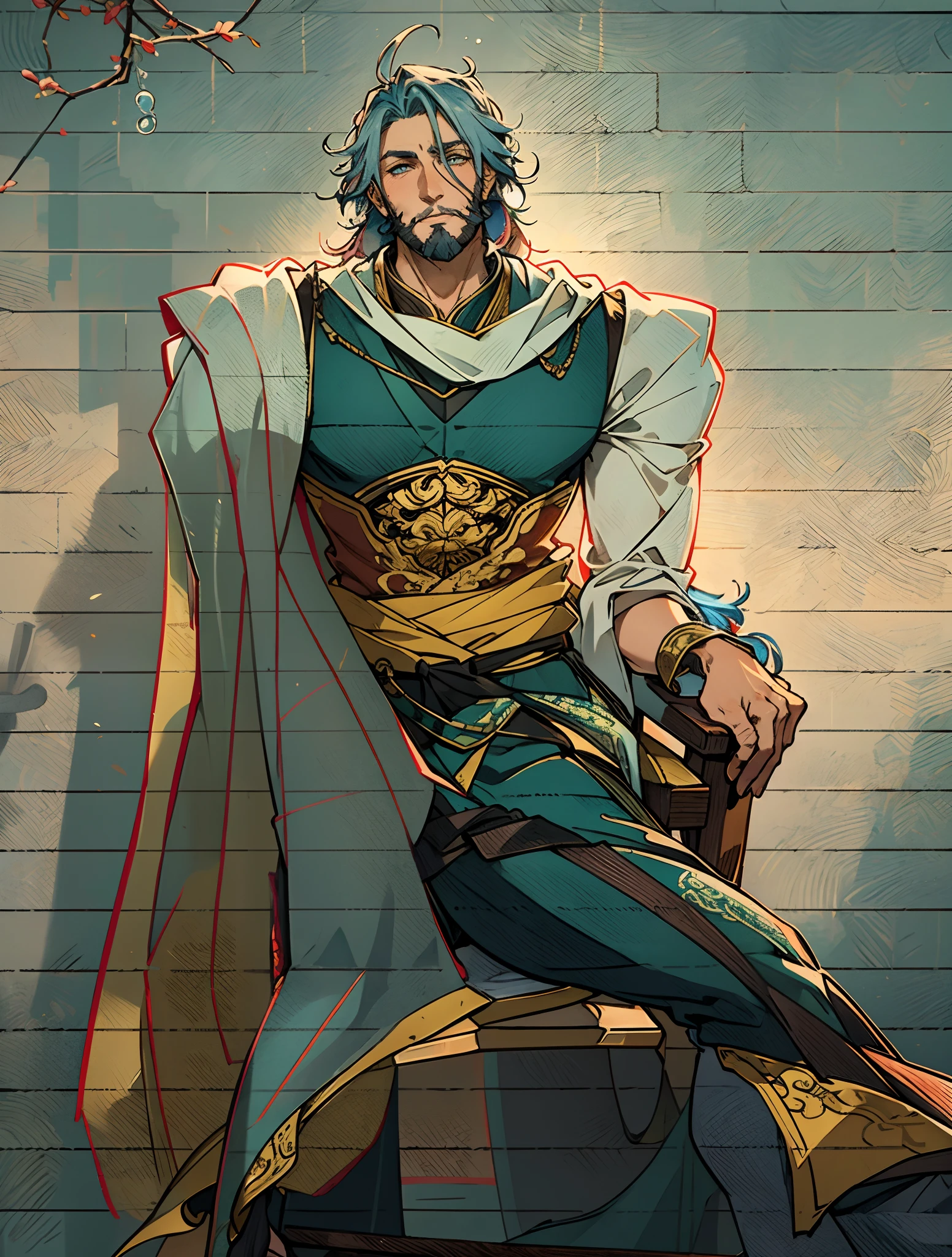 An elderly man with long thick grayish-blue hair, medium length hair, a kindly gaze, a gentle smile, a short neatly trimmed beard, a white fantasy wuxia-style outfit, a long yellow shawl over his shoulders, that shawl covering half of his body, a blue sash around his waist, traditional Chinese trousers, he sits on a wooden chair, in a forest cottage, with sunlight shining through the windows, this character embodies a finely crafted fantasy-style Chinese martial hero in anime style, characterized by an exquisite and mature manga illustration art style, high definition, best quality, highres, ultra-detailed, ultra-fine painting, extremely delicate, professional, anatomically correct, symmetrical face, extremely detailed eyes and face, high quality eyes, creativity, RAW photo, UHD, 8k, Natural light, cinematic lighting, masterpiece:1.5