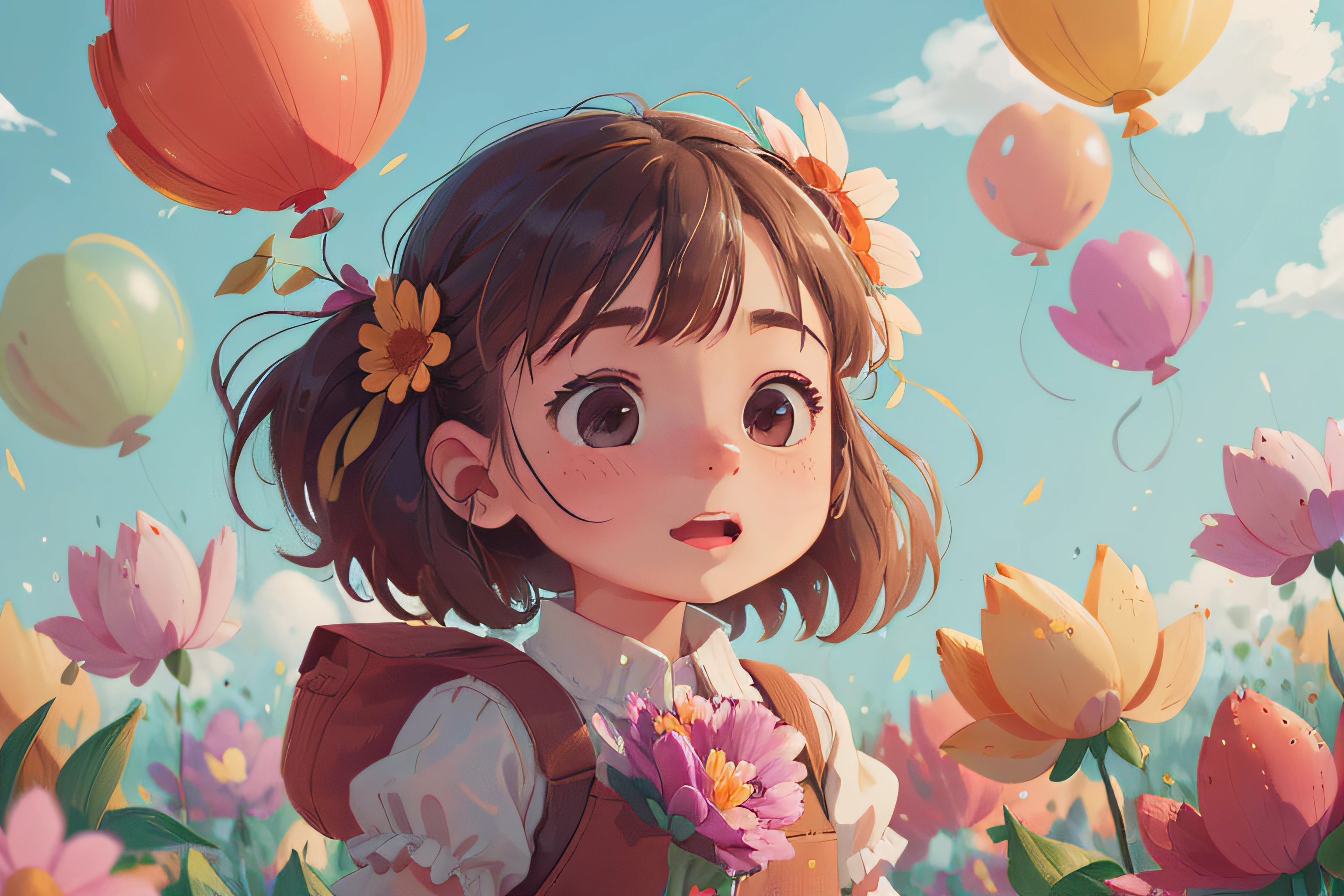 A girl holding flowers, colorful balloons floating in the sky, meadow, dancing, holding flowers, happy, happy, perfect quality, clear focus (clutter-home: 0.8), (masterpiece: 1.2) (Realistic: 1.2) (Bokeh) (Best quality) (Detailed skin: 1.3) (Intricate details) (8K) (Detail Eyes) (Sharp Focus), (Happy)