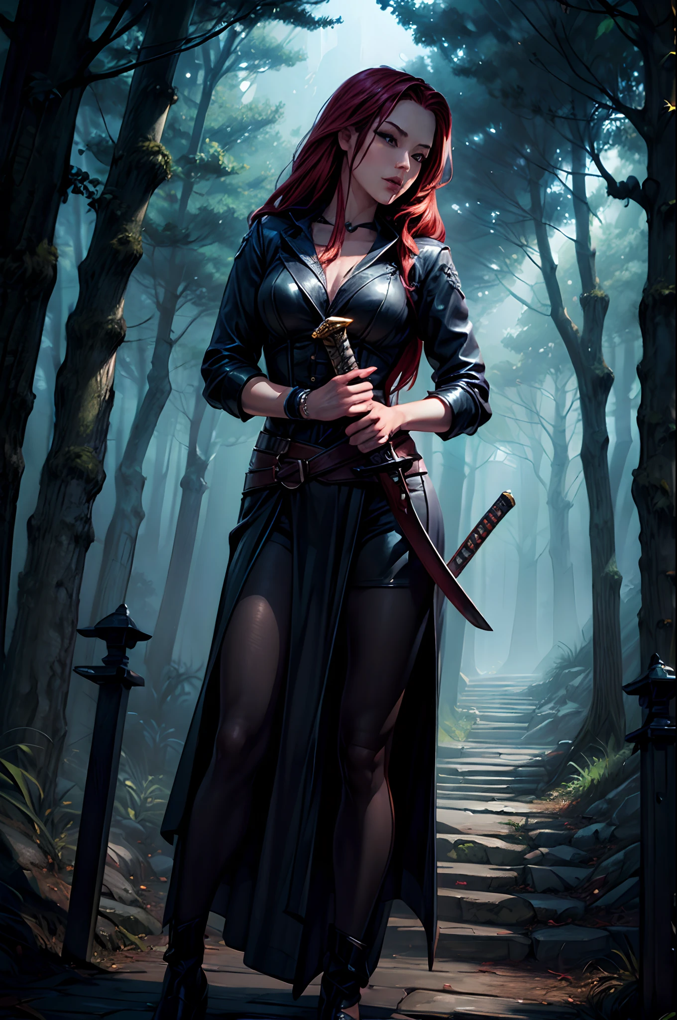 (masterpiece), (ultradetailed)hdr, 8k, (dinamic pose:1.9), realistic, (dark forest temple at night), dark night, Female Vampire Hunter, holding a sword, petite, red long hair,