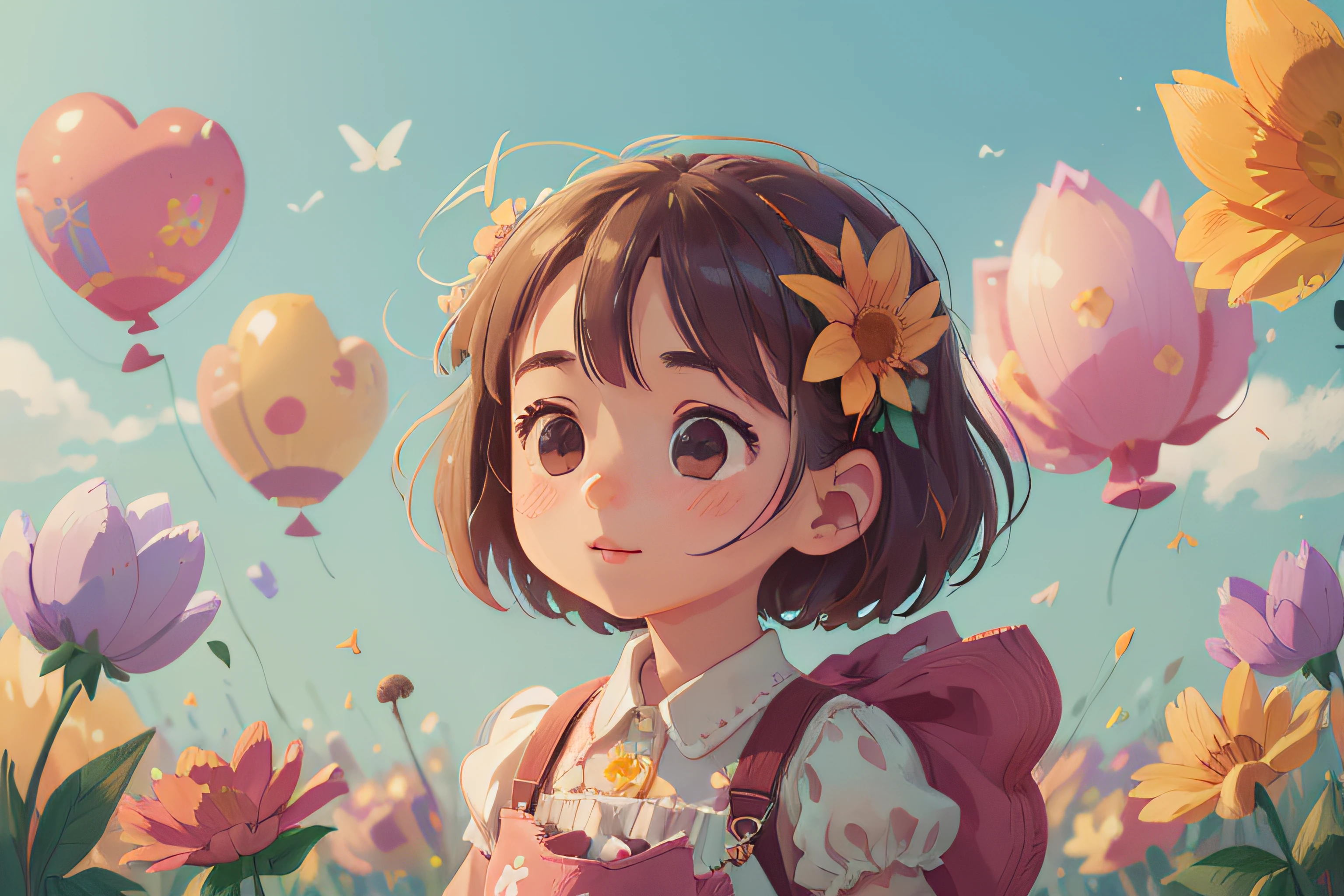 A girl holding flowers, colorful balloons floating in the sky, meadow, dancing, holding flowers, happy, happy, perfect quality, clear focus (clutter-home: 0.8), (masterpiece: 1.2) (Realistic: 1.2) (Bokeh) (Best quality) (Detailed skin: 1.3) (Intricate details) (8K) (Detail Eyes) (Sharp Focus), (Happy)