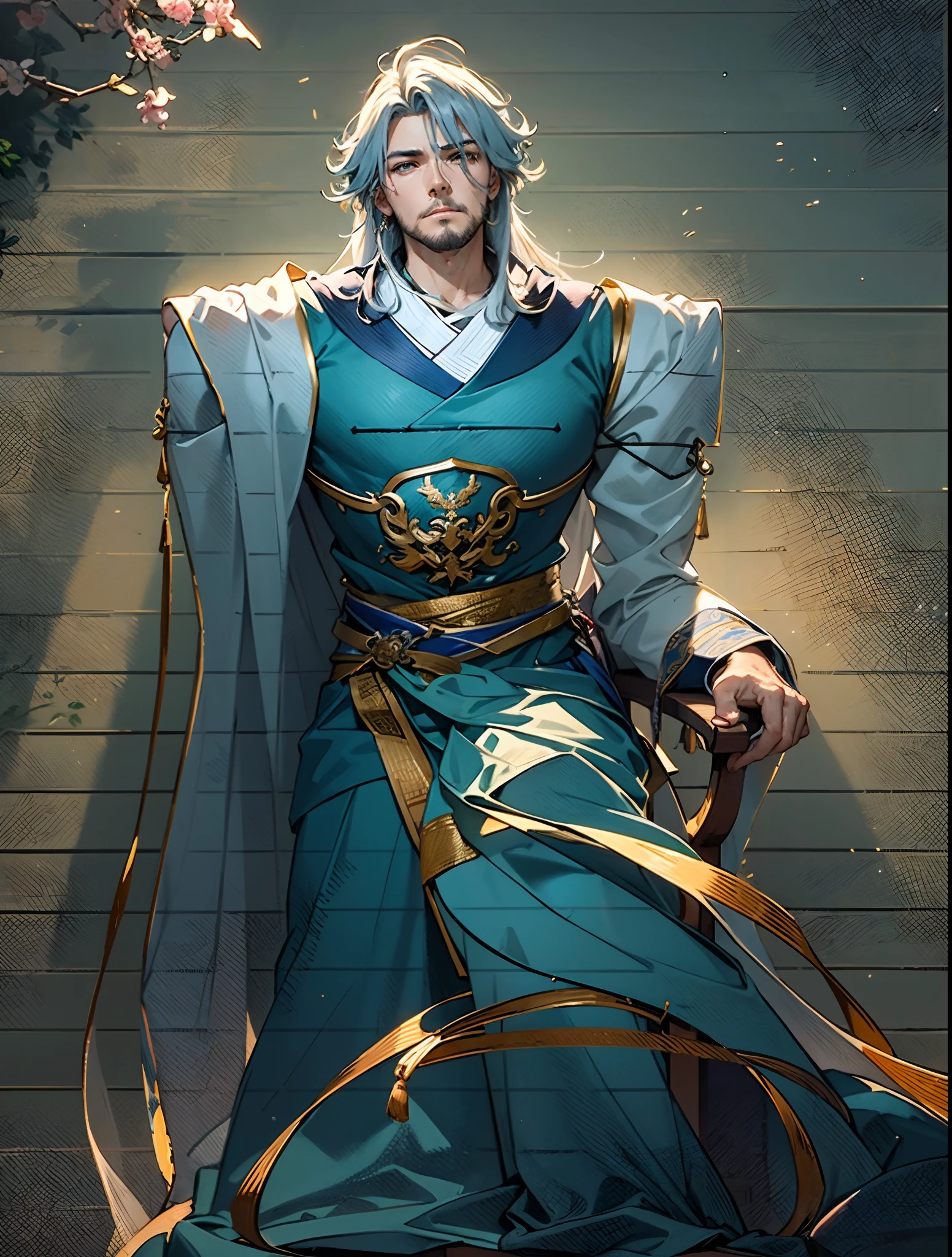 An elderly man with long thick grayish-blue hair, medium length hair, a kindly gaze, a gentle smile, a short neatly trimmed beard, a white fantasy wuxia-style outfit, a long yellow shawl over his shoulders, that shawl covering half of his body, a blue sash around his waist, traditional Chinese trousers, he sits on a wooden chair, in a forest cottage, with sunlight shining through the windows, this character embodies a finely crafted fantasy-style Chinese martial hero in anime style, characterized by an exquisite and mature manga illustration art style, high definition, best quality, highres, ultra-detailed, ultra-fine painting, extremely delicate, professional, anatomically correct, symmetrical face, extremely detailed eyes and face, high quality eyes, creativity, RAW photo, UHD, 8k, Natural light, cinematic lighting, masterpiece:1.5