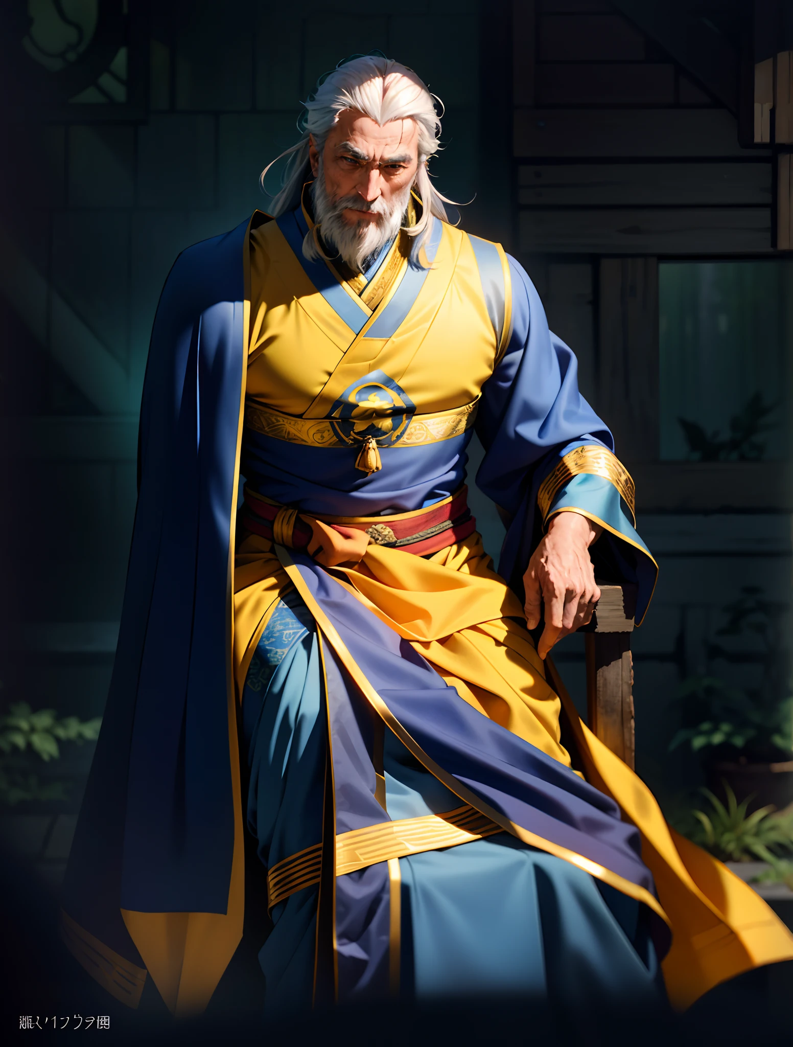 An elderly man with long thick grayish-blue hair, medium length hair, a kindly gaze, a gentle smile, a short neatly trimmed beard, a white fantasy wuxia-style outfit, a long yellow shawl over his shoulders, that shawl covering half of his body, a blue sash around his waist, traditional Chinese trousers, he sits on a wooden chair, in a forest cottage, with sunlight shining through the windows, this character embodies a finely crafted fantasy-style Chinese martial hero in anime style, characterized by an exquisite and mature manga illustration art style, high definition, best quality, highres, ultra-detailed, ultra-fine painting, extremely delicate, professional, anatomically correct, symmetrical face, extremely detailed eyes and face, high quality eyes, creativity, RAW photo, UHD, 8k, Natural light, cinematic lighting, masterpiece:1.5