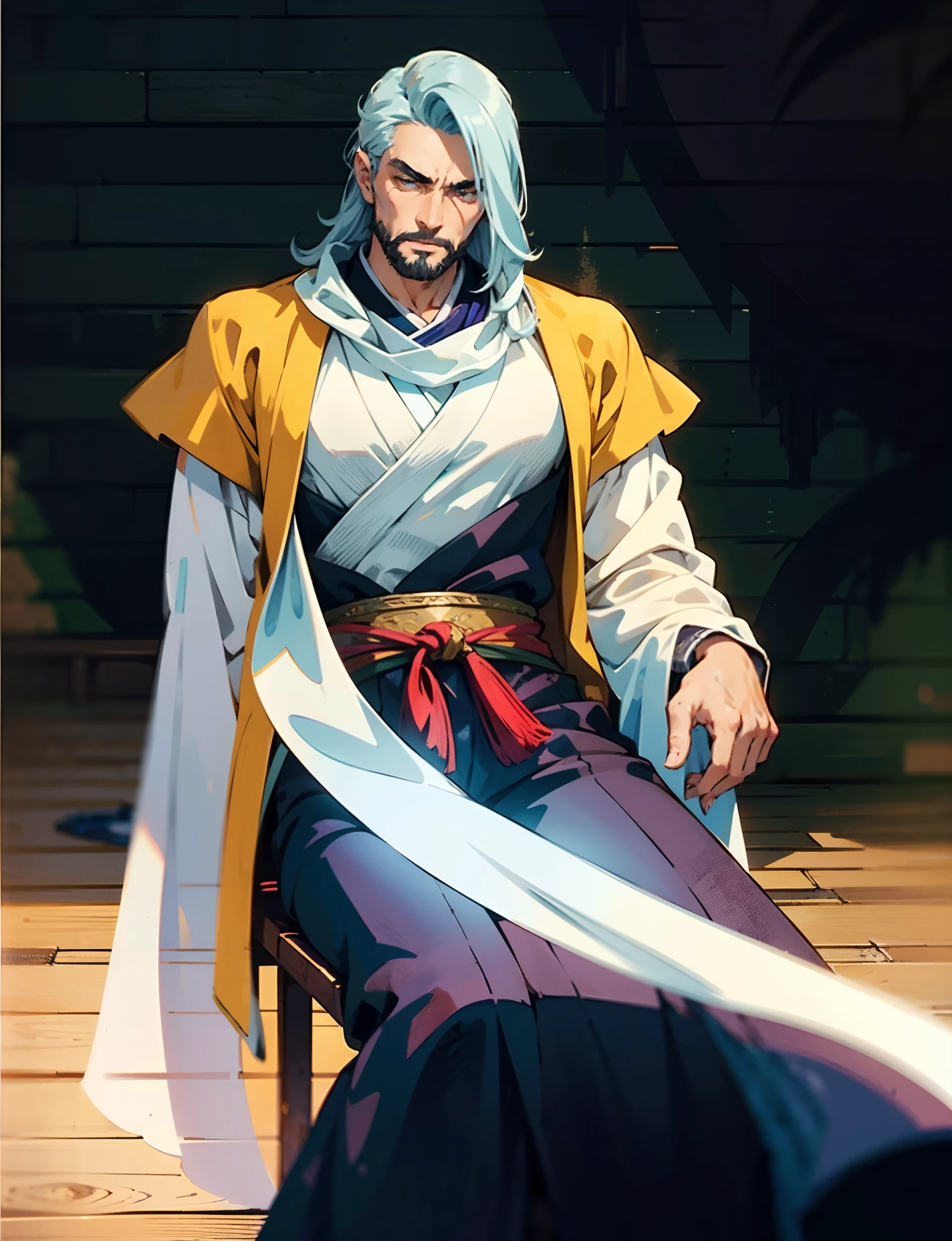 An elderly man with long thick grayish-blue hair, medium length hair, a kindly gaze, a gentle smile, a short neatly trimmed beard, a white fantasy wuxia-style outfit, a long yellow shawl over his shoulders, that shawl covering half of his body, a blue sash around his waist, traditional Chinese trousers, he sits on a wooden chair, in a forest cottage, with sunlight shining through the windows, this character embodies a finely crafted fantasy-style Chinese martial hero in anime style, characterized by an exquisite and mature manga illustration art style, high definition, best quality, highres, ultra-detailed, ultra-fine painting, extremely delicate, professional, anatomically correct, symmetrical face, extremely detailed eyes and face, high quality eyes, creativity, RAW photo, UHD, 8k, Natural light, cinematic lighting, masterpiece:1.5