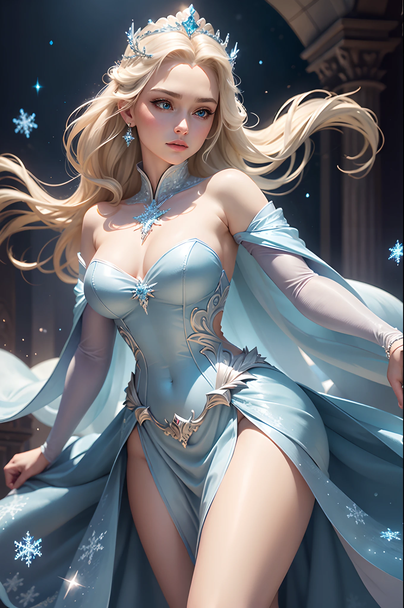 seductive, Queen Elsa, Disney Princess, ice powers, flowing blonde hair, captivating gaze, elegant dress, icy blue color palette, snowflake embellishments, regal crown, snowy background, enchanted kingdom, sparkles, magical atmosphere, confident and alluring stance, graceful movements, intricate details, realistic portrayal, high-resolution rendering, photorealistic style, vibrant and ethereal colors, soft and diffused lighting.
