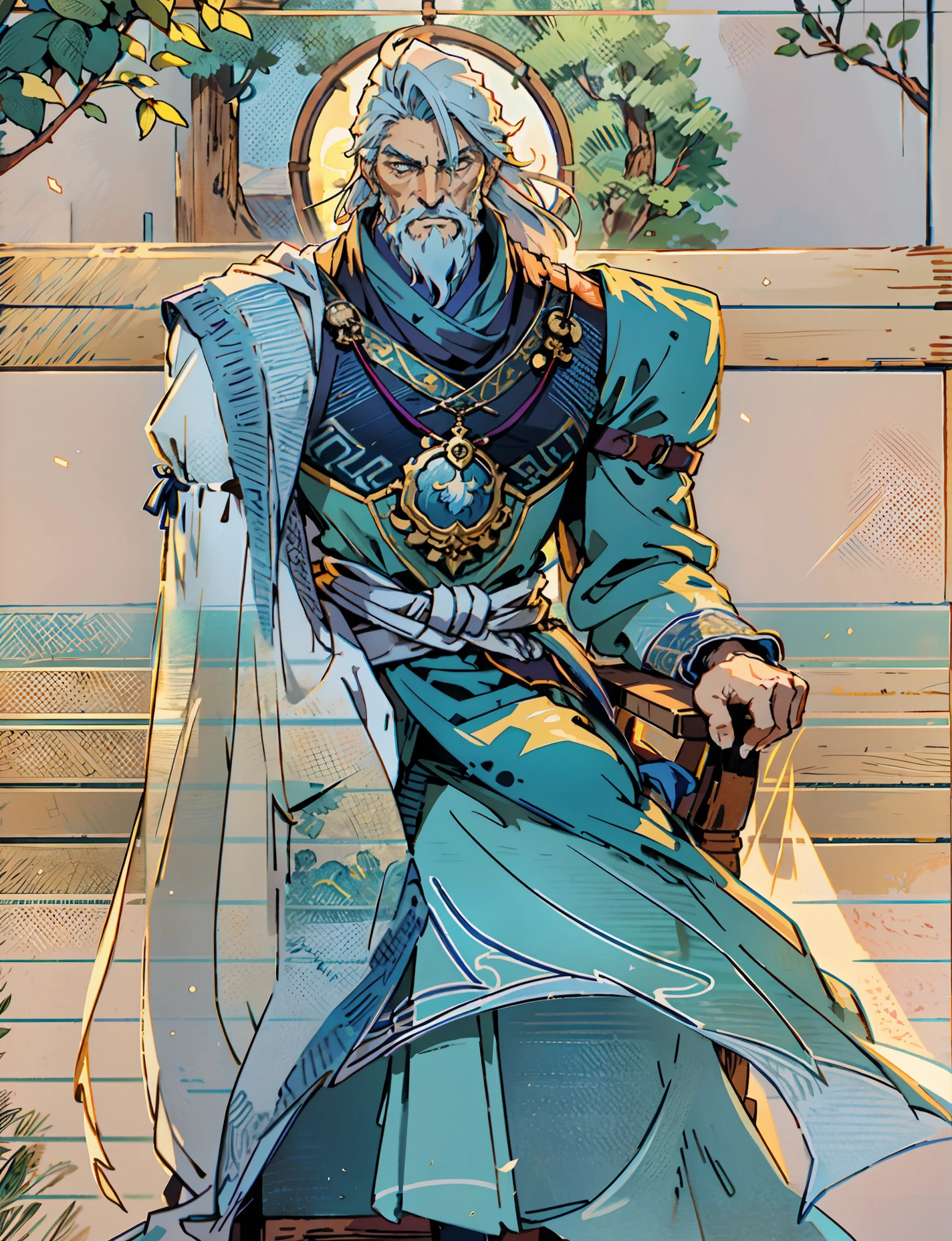 An elderly man with long thick grayish-blue hair, medium length hair, a kindly gaze, a gentle smile, a short neatly trimmed beard, a white fantasy wuxia-style outfit, a long yellow shawl over his shoulders, that shawl covering half of his body, a blue sash around his waist, traditional Chinese trousers, he sits on a wooden chair, in a forest cottage, with sunlight shining through the windows, this character embodies a finely crafted fantasy-style Chinese martial hero in anime style, characterized by an exquisite and mature manga illustration art style, high definition, best quality, highres, ultra-detailed, ultra-fine painting, extremely delicate, professional, anatomically correct, symmetrical face, extremely detailed eyes and face, high quality eyes, creativity, RAW photo, UHD, 8k, Natural light, cinematic lighting, masterpiece:1.5