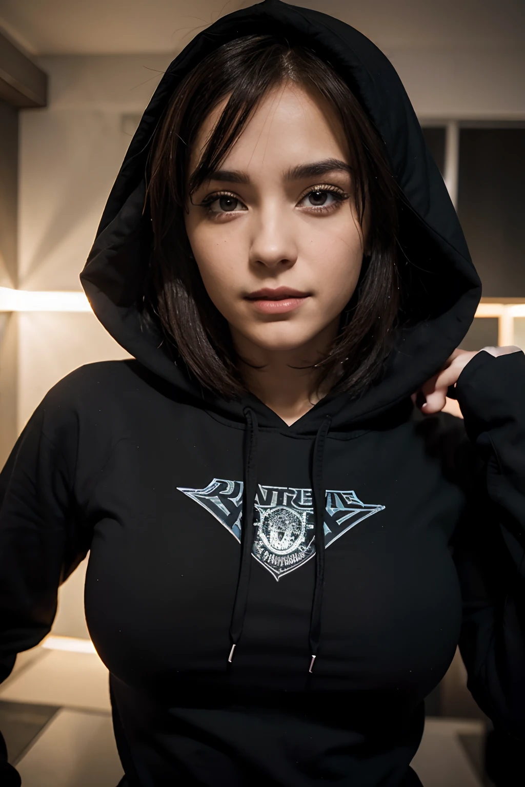 (Filhotes de cor roxa), Qualidade Superior, master part, high resolution, 8k, Hoodie e Anime Style Girl, uma , arte de linha detalhada, aprimoramento digital, fechar para cima, anime core, flowing fabric,black,ahegao,various expressions,The expression of the wide eyes, dente de vampiro grande