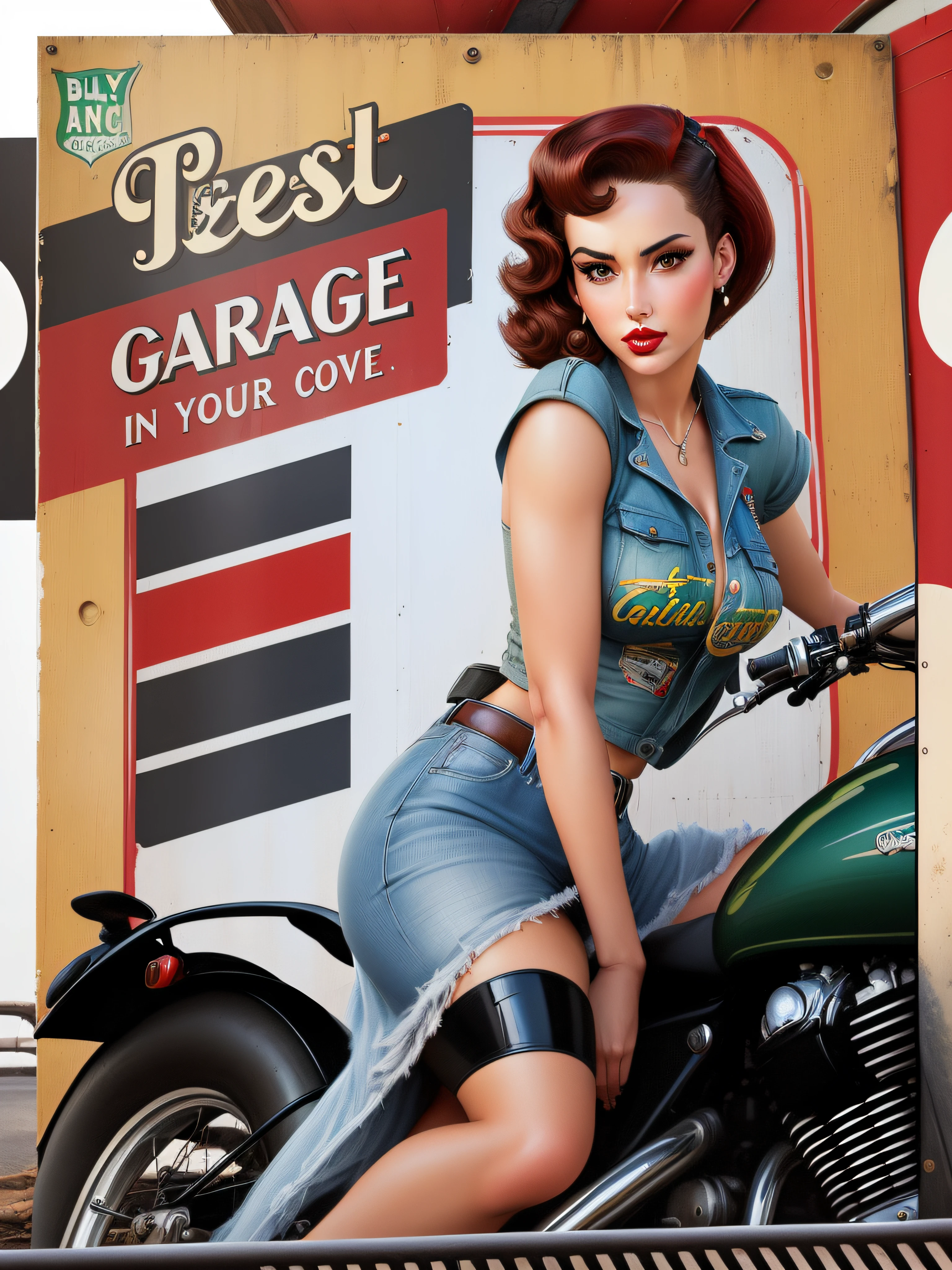 arafed woman on a motorcycle with gas pumps in the background, pinup art, pin up, girl pinup, pin-up, pin - up, pin up girl, pinup, pinup girl, pin-up poster girl, motorcycles, pin - up girl, vintage pin up, by Art Fitzpatrick, pinup model, beautiful retro art, ( art fitzpatrick ), pinup pose