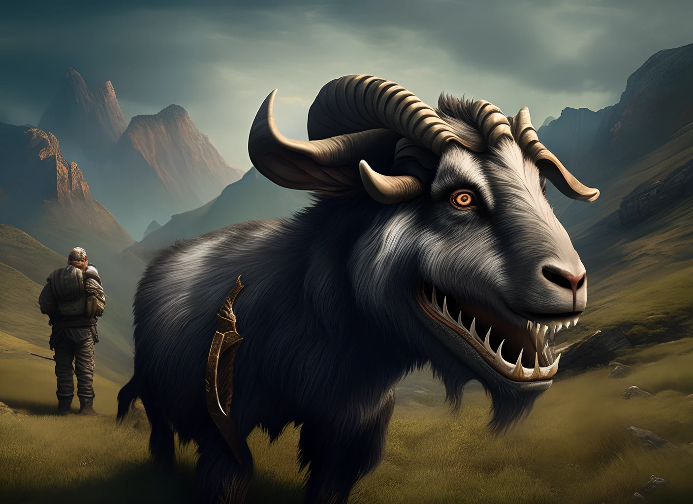 。...3d，32k resolution，mythology，Above the mountain，A huge goat carnivore，Dark style，huge fangs，Huge body contrast，（the same characters，Facade，Side face，back