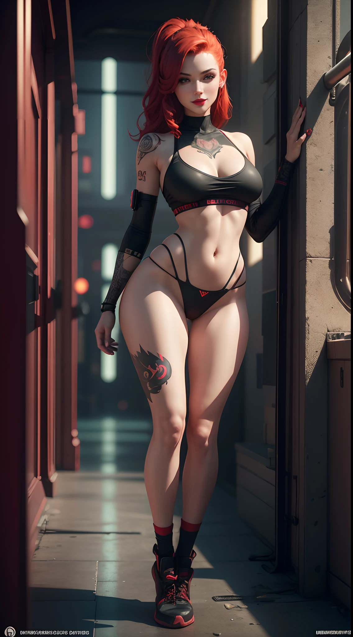 masterpiece, realistic 3d, 1 beautiful full-body girl in sexy pose with tattoos, redhead, green eyes, red lips, smiling face, cyberpunk-style black underwear, socks, looking at camera, gothic background, daylight
