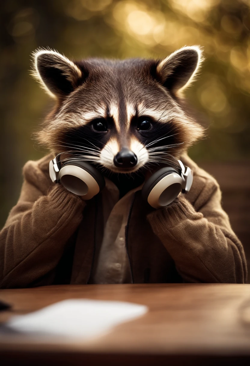 A raccoon (stressed) hands on head studying for final exam wearing (in ear) earbuds