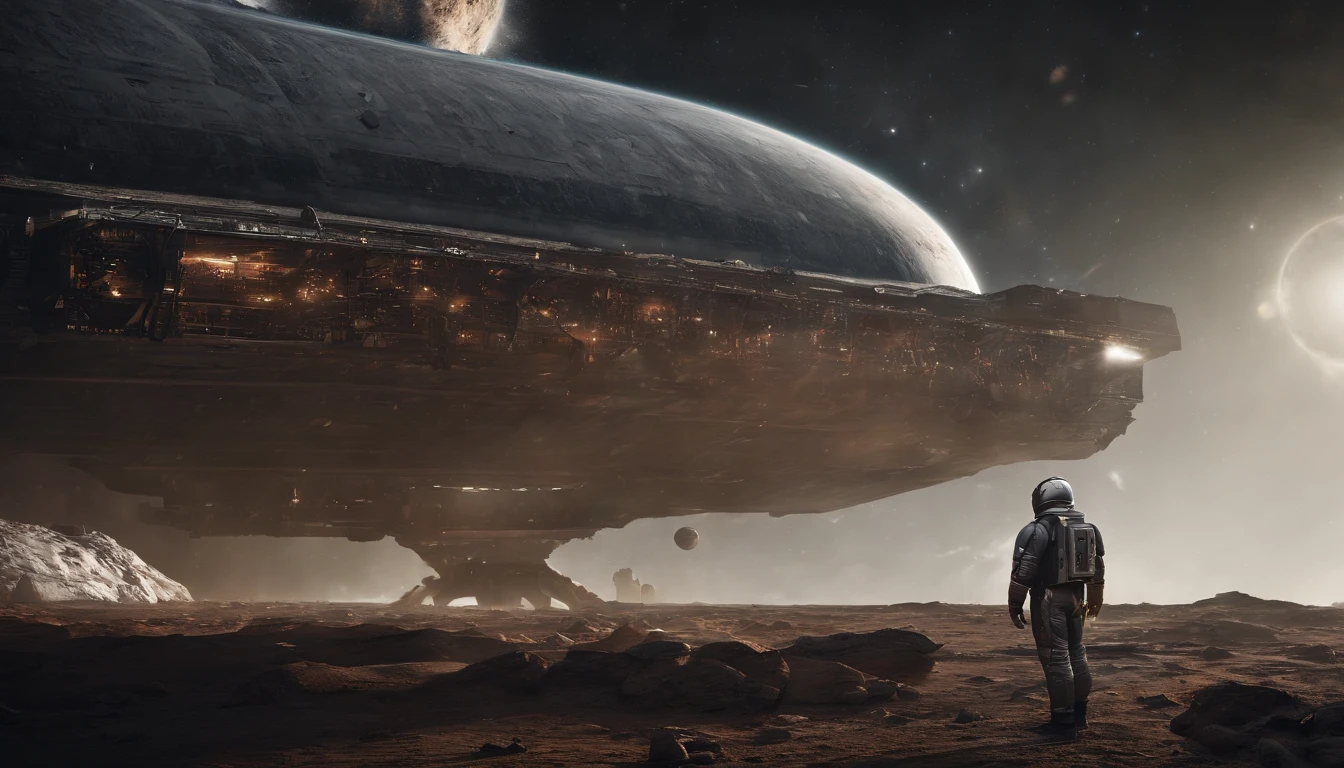 An astronauts back infront of a colossal ship in space, computer background, cinematic, realism, crystal clear, micro-details, photorealism, photorealistic