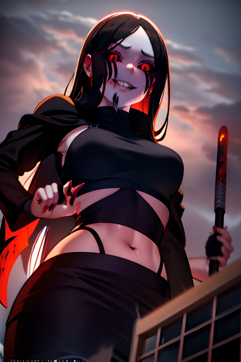 1girl,black sclera, midriff exposed, giantess, towering over city, upper body, eyelashes, looking at viewer, red eyes, solo,shiny skin,halloween,skull,blood,blood on face,horror \(theme\),pale skin,evil grin