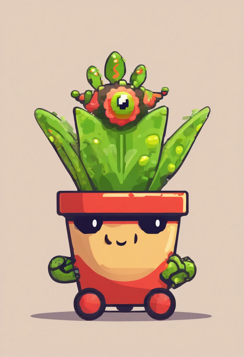 One, Venus flytrap with googly eyes on top of head, in a pot with wheels, with wheels, pixelated