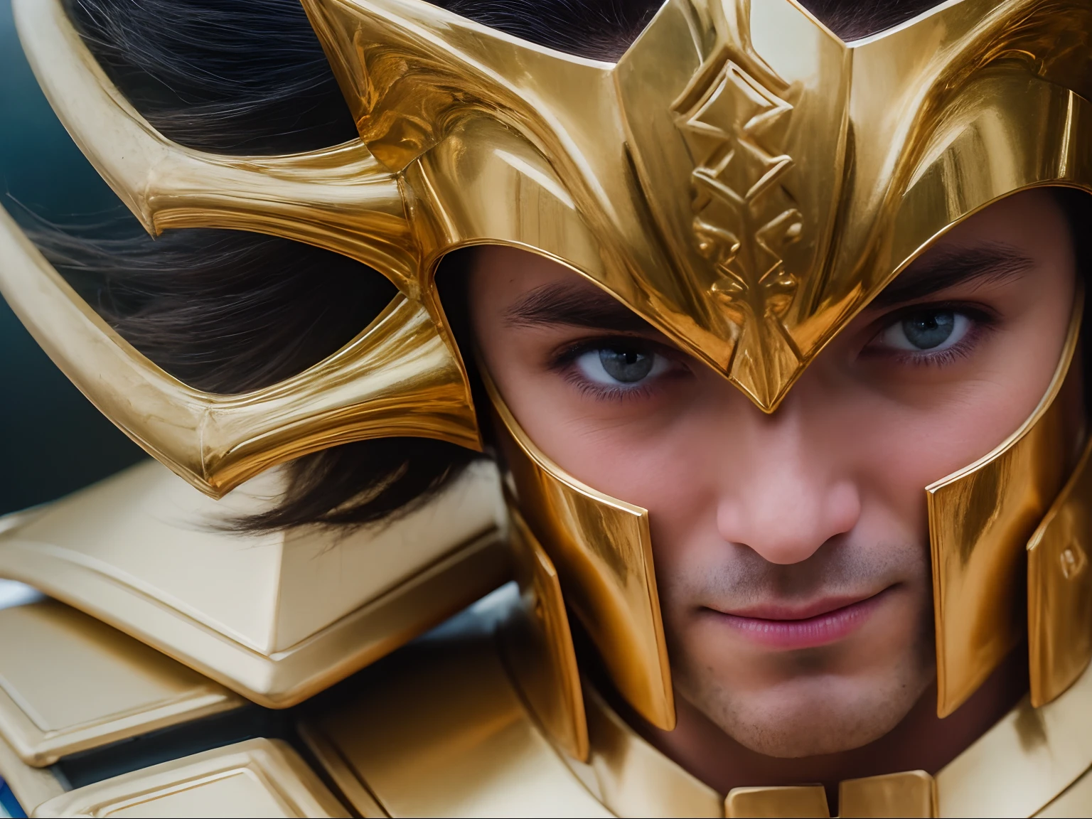 Cinematic stunningly detailed and ultra-realistic Cancer Mask of Death of Saint Seiya. Close up. 1italian man.He is waring pretty realistic golden armor. Bright golden armor. The helm has golden crab appendages. Octane is the perfect tool to capture the softest details of this 16k photography masterpiece. He an Italian man about 40 years old. Big nose. Detailed face. (Pretty big blue eyes).((Evil looking)). ((Cruel smile)). ((Shaved)). ((madness)). He has shot messy blue hair. He is staring his enemy.