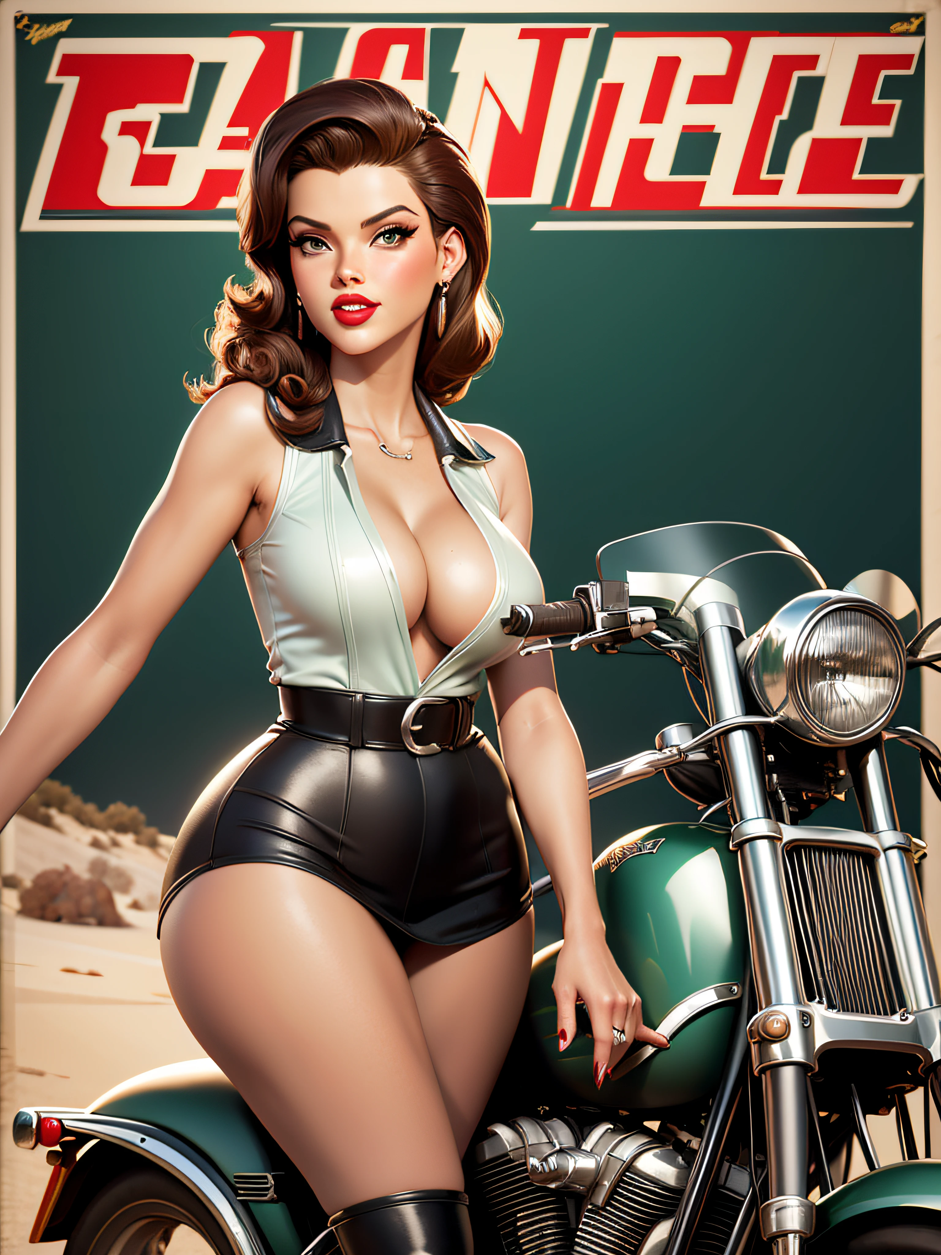 there is a poster of a woman (Jesica Alba :1.1) red lips, green eyes, on a motorcycle with a banner, pin-up poster girl, glossy old advertising poster, pin up style poster, poster vintage, vintage poster style, vintage look, pinup art, by Bob Ringwood, great detail, beautiful retro art, brilliant detail, pin-up, pin - up, garage, pin up, by Steve Argyle