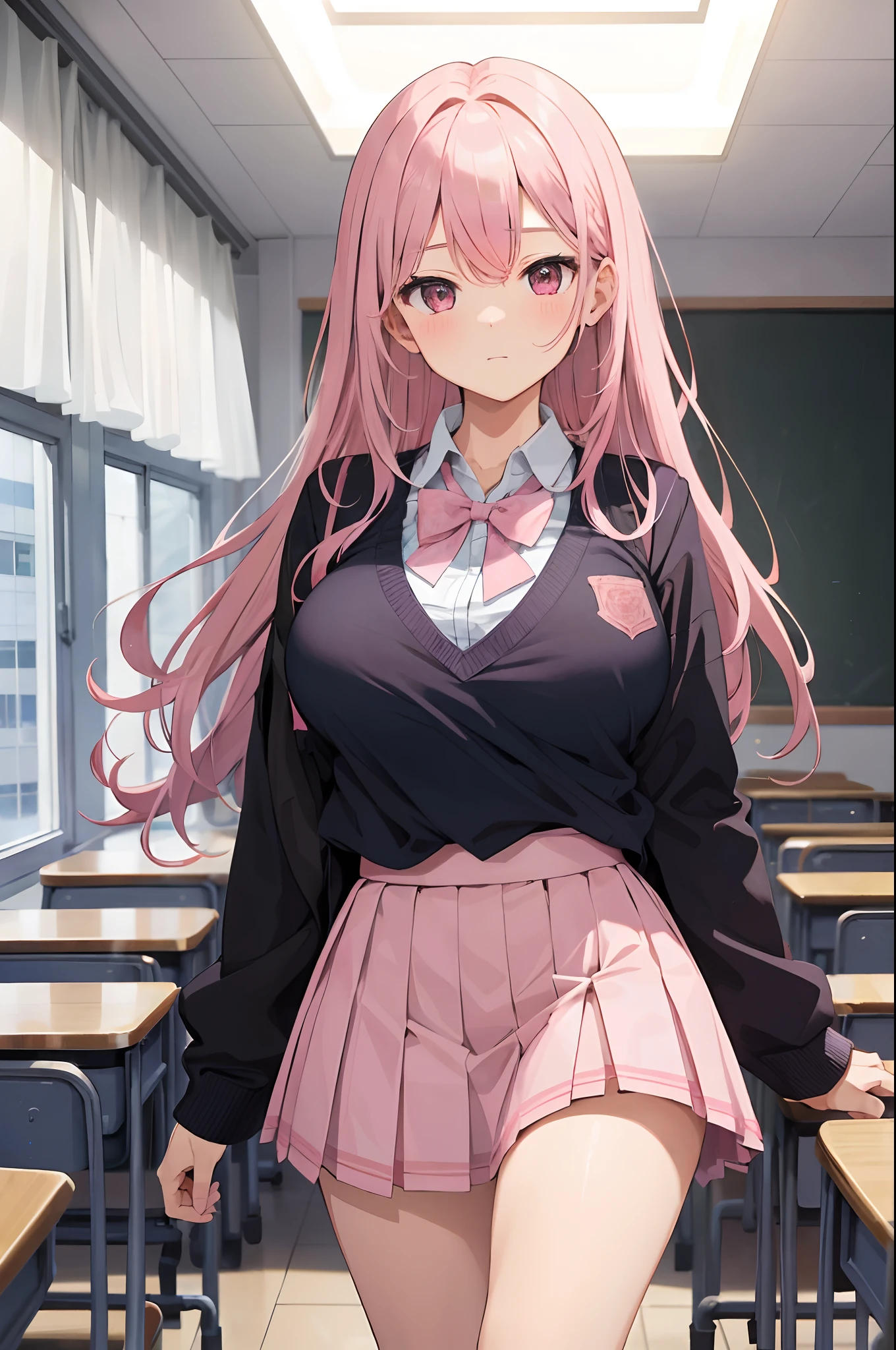 masterpiece, best quality, finely detailed, 1girl, pink_rose hair, pleated skirt, (school uniform), huge breasts, cleavage, classroom,