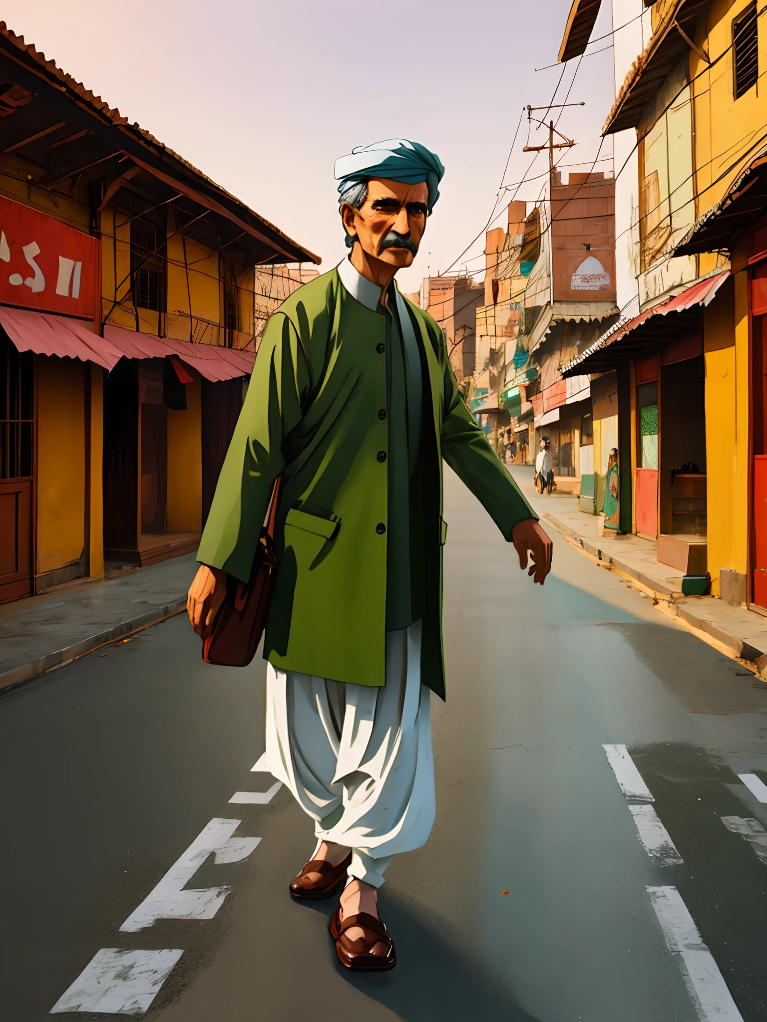 An old man standing in the street of old lahore wearing pakistans traditional clothing