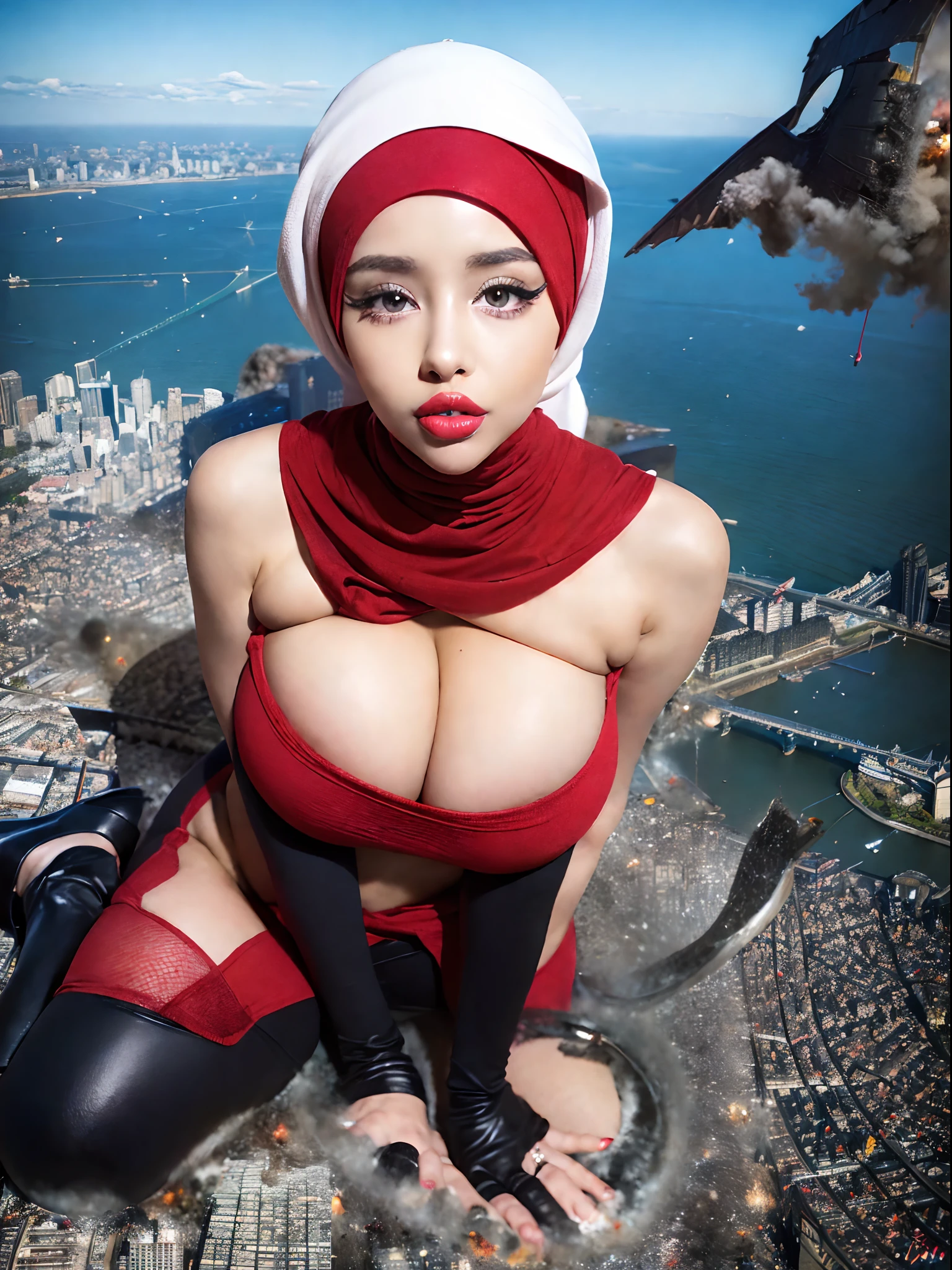 (woman wearing hijab 1.3), (RAW photo, realism: 2.8), (red lip gloss, jet red lipstick, many eyelashes, dark red eye shadow, high quality, high resolution, depth of field, detailed eyes, double eyelids, big eyes, hijab, (ultra Gigantic Breasts:1.3, heavy hanging breasts, perfect round shape breast), white top, red tight leggings, heels, (thick lips:1.3), (giga:1.3), giantess, (city destruction:1.35), metropolis, london,