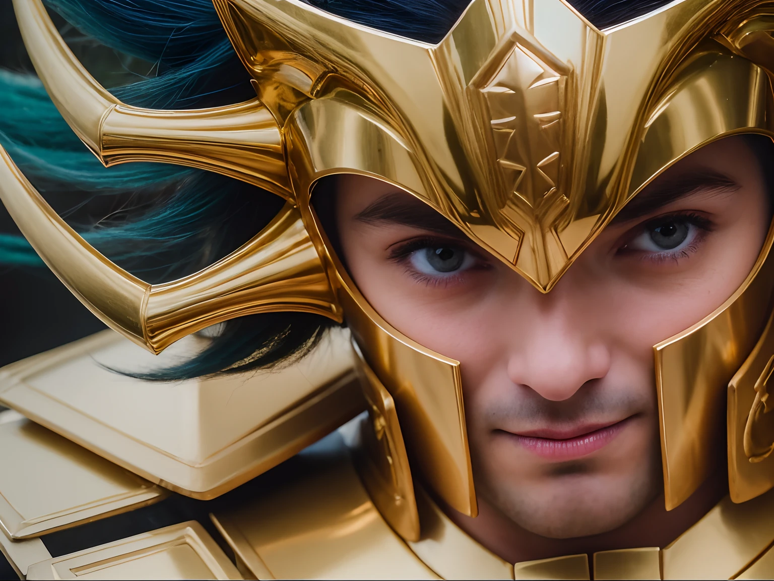 Cinematic stunningly detailed and ultra-realistic Cancer Mask of Death of Saint Seiya. Close up. 1italian man.He is waring pretty realistic golden armor. Bright golden armor. The helm has golden crab appendages. Octane is the perfect tool to capture the softest details of this 16k photography masterpiece. He an Italian man about 40 years old. Big nose. Detailed face. (Pretty big blue eyes).((Evil looking)). ((Cruel smile)). ((Shaved)). ((madness)). He has shot messy blue hair. He is staring his enemy.