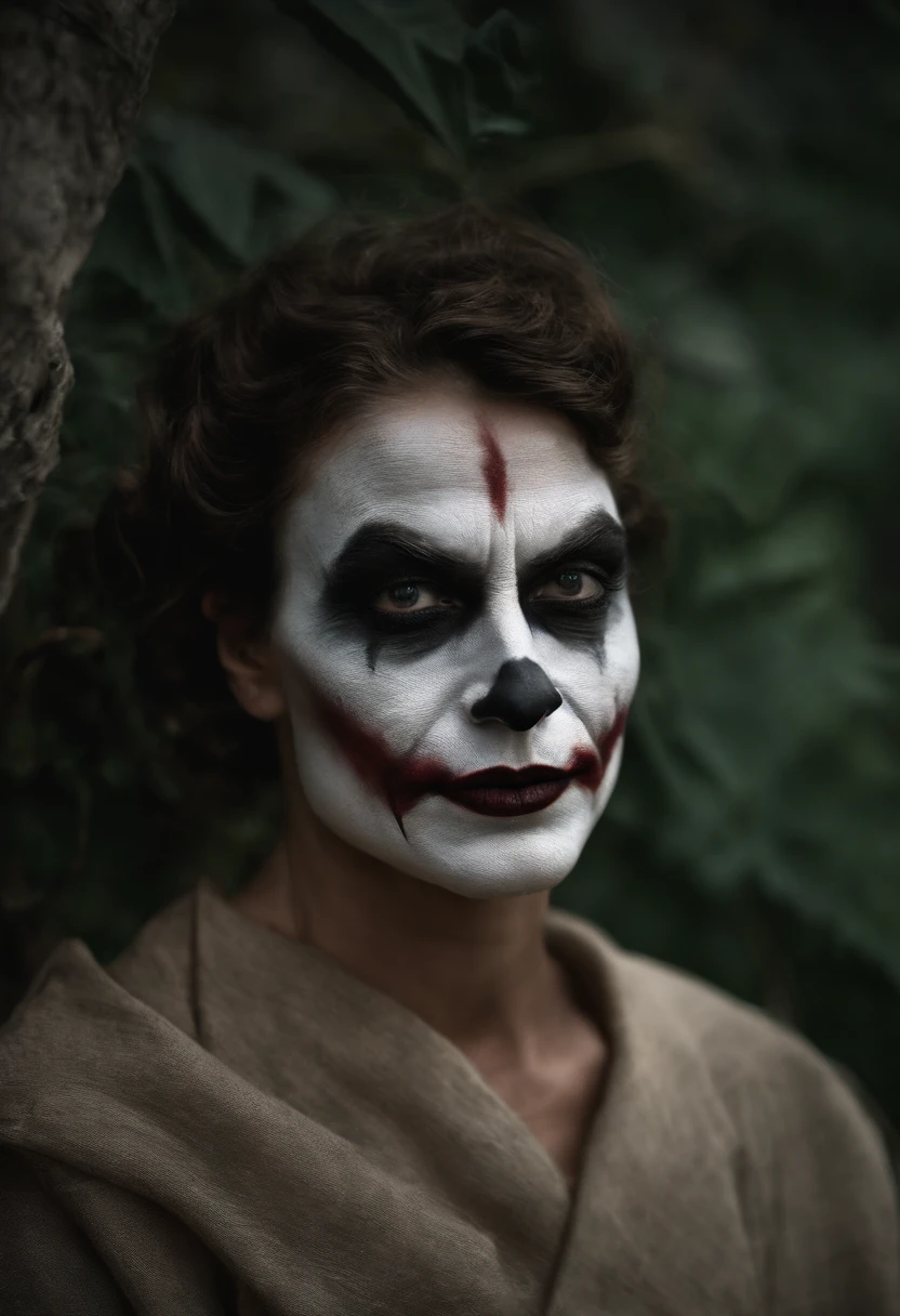 O Coringa (best quality,fotorrealista),(Escuro,pressentimento) Man,olhos negros detalhados,longos cabelos pretos que lembram a noite,pale skin,Visible dark circles,corpo atletico, mas coberto de cicatrizes,Atmosfera sinistra,gothic aesthetic,nightmare appearance,olhar intenso,Aura misteriosa, postura sinuosa e tensa,dramatic shadows and lighting,vivid contrast between light and dark,hint of danger,atmosfera encantada