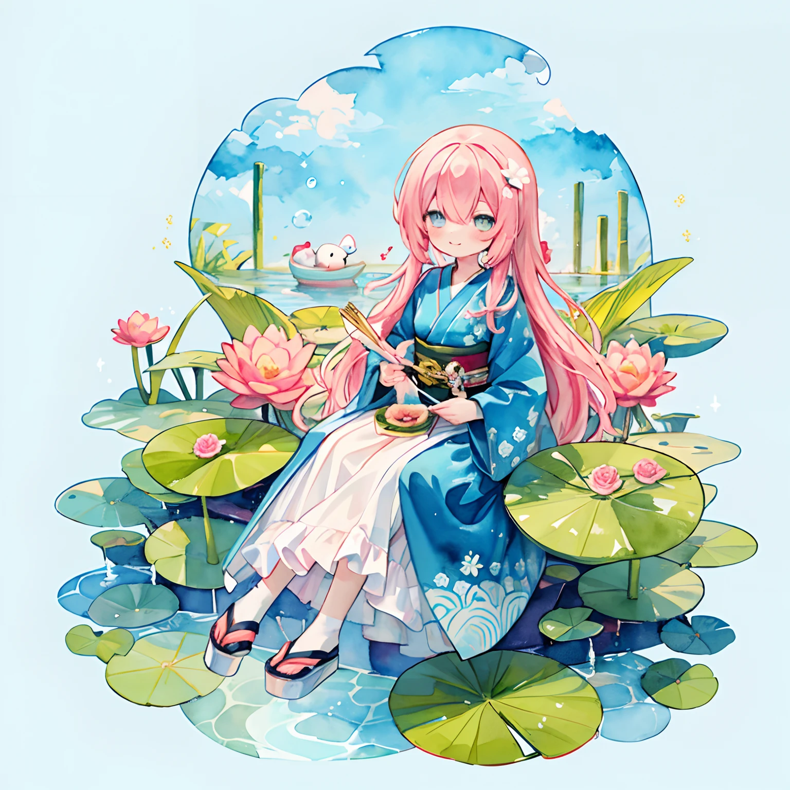 (PastelColors:1.5)、(Cute illustration:1.5)、(watercolor paiting:1.2)、(1 girl:1.0)、hair between eye、Blue background、Red fluttering clothes,Lots of flutter、 Good Style、Glitter in the heart、White and red motifs, Light red hair、Cute, Head flutters、shorth hair、Wavy Hair、Quirk hair、Happiness is playing、celebration、Thanksgiving、Undulating hair、Water lily motif、A sly smile、full body Esbian, Fantasy, Detailed picture、A slight smil、Howa Howa、Water lotus、lake、Water lilies swim around a girl、In the water、watercolor paiting、Moya、Hair swaying、full body Esbian、Fluttering shoes、Japanese dress、Suisui、Luxury kimono、golden colored、Gold dust scattering、kawaii、ren、queen、Sit on a large water lily、Lots of water lilies、lotuses、Lotus flowers bloom