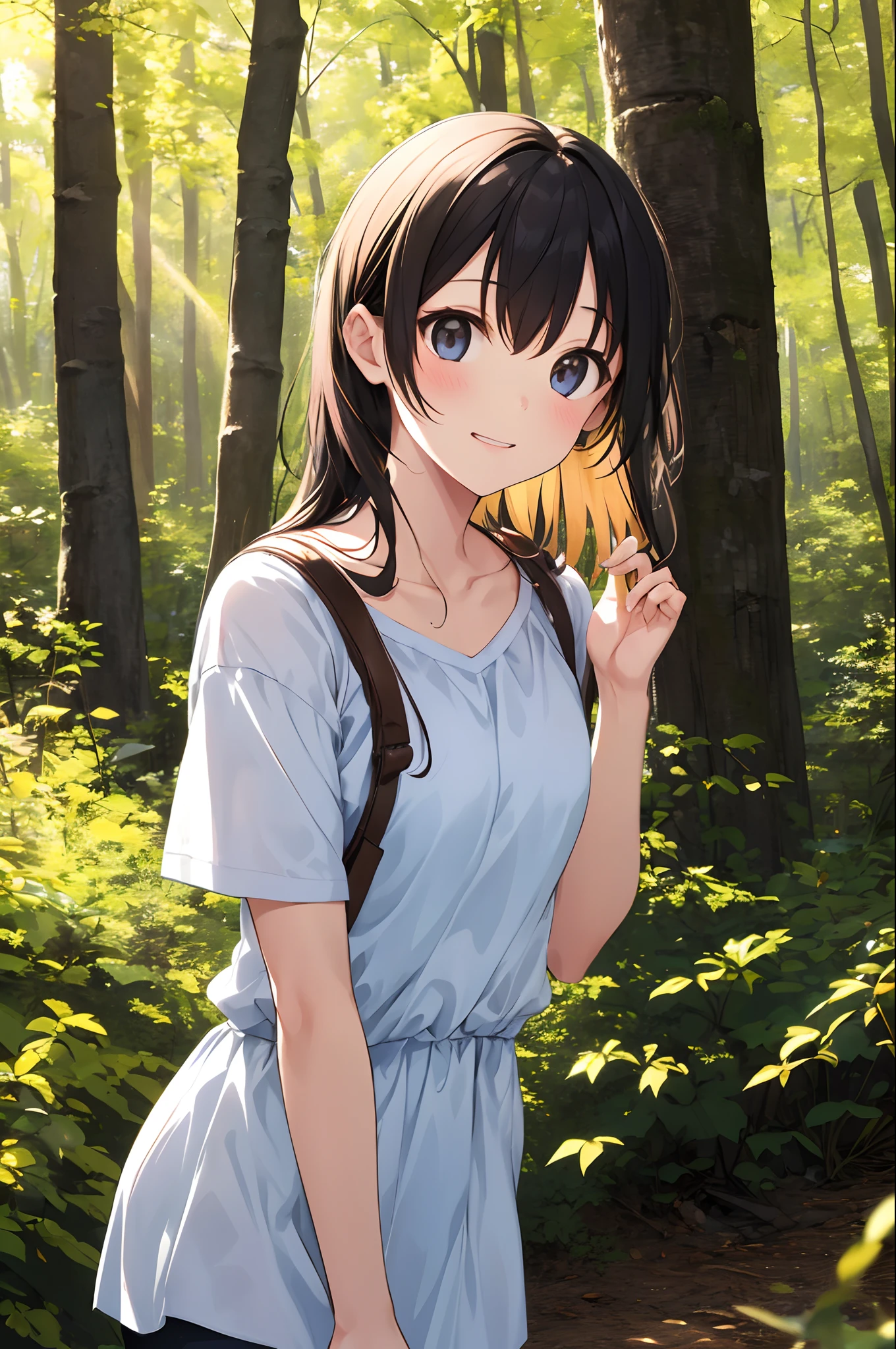 A girl in the forest with sunlight on her face