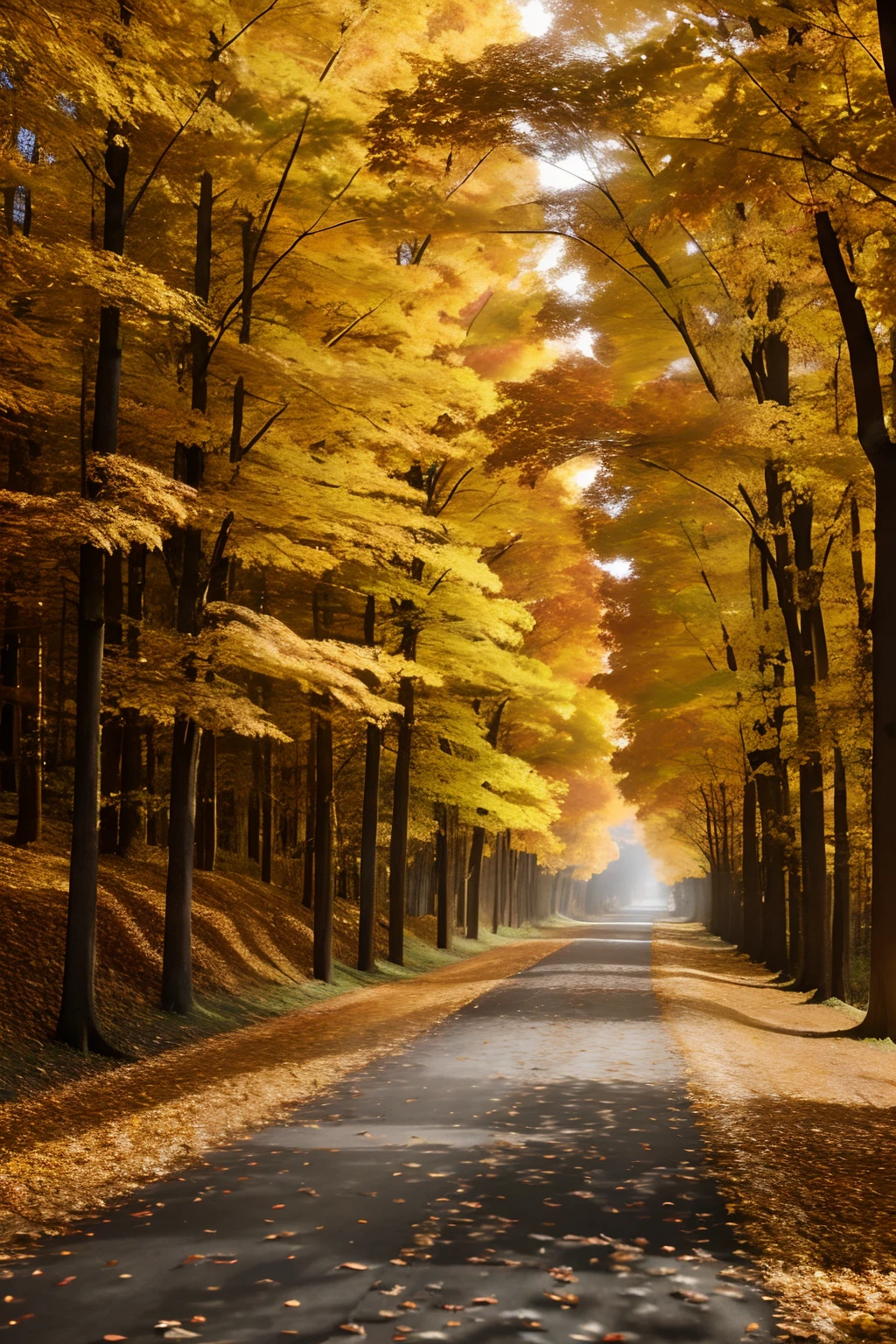 Golden autumn tunnel, stunning, breathtaking, a sense of magic in the air, highly detailed, photography, photorealistic, soft pastel colours, highly detailed, intricate, path tracing, illustration, insanely detailed, shadow mapping volumetric light, specular lighting, diffused lighting