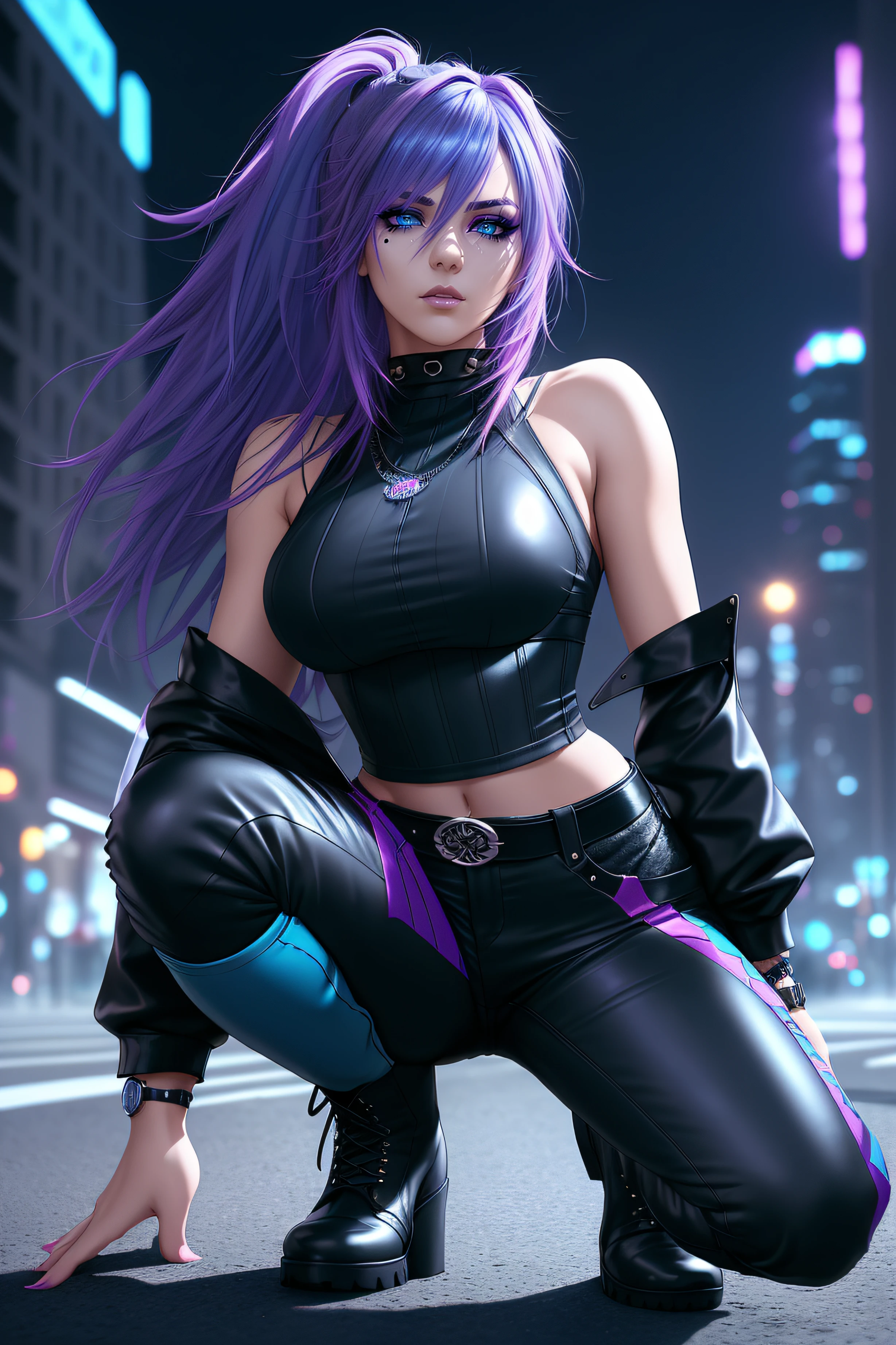 beautiful girl, full body, short bright cyan and purple streaked dishevelled hair, large blue piercing eyes, black eyeshadow, (street style wear:1.2), ((tight fitted pants)), ((knee high leather boots)), (city night background:1.2), dark makeup, digital art, trending on artstation, highly detailed, fine detail, intricate,  beautiful detailed glow, detailed, Cinematic light, high-res, detailed facial features, sharp focus, smooth, aesthetic,