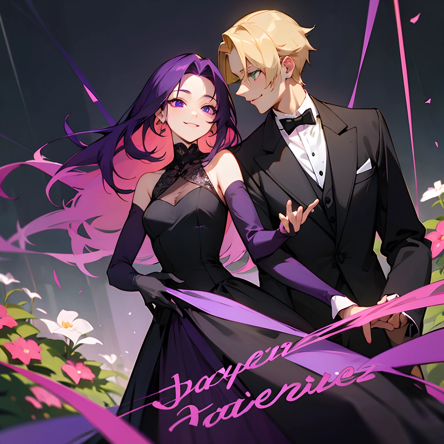 Couples,long dark purple hair, purple eyes, beautiful, domestic, woman, sly smile, black dress man has Blond hair,green eyes,man,cute,happy,jolly,sprightly,wearing black suite, background is a garden