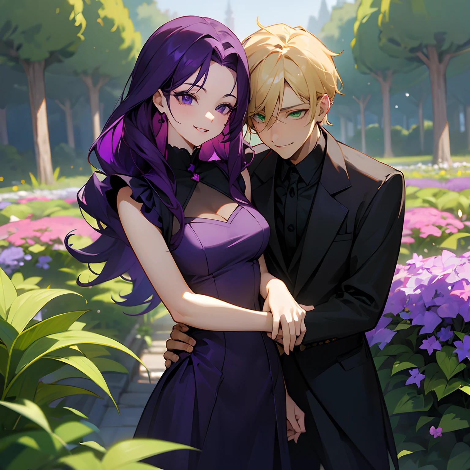 Couples,long dark purple hair, purple eyes, beautiful, domestic, woman, sly smile, black dress man has Blond hair,green eyes,man,cute,happy,jolly,sprightly,wearing black suite, background is a garden