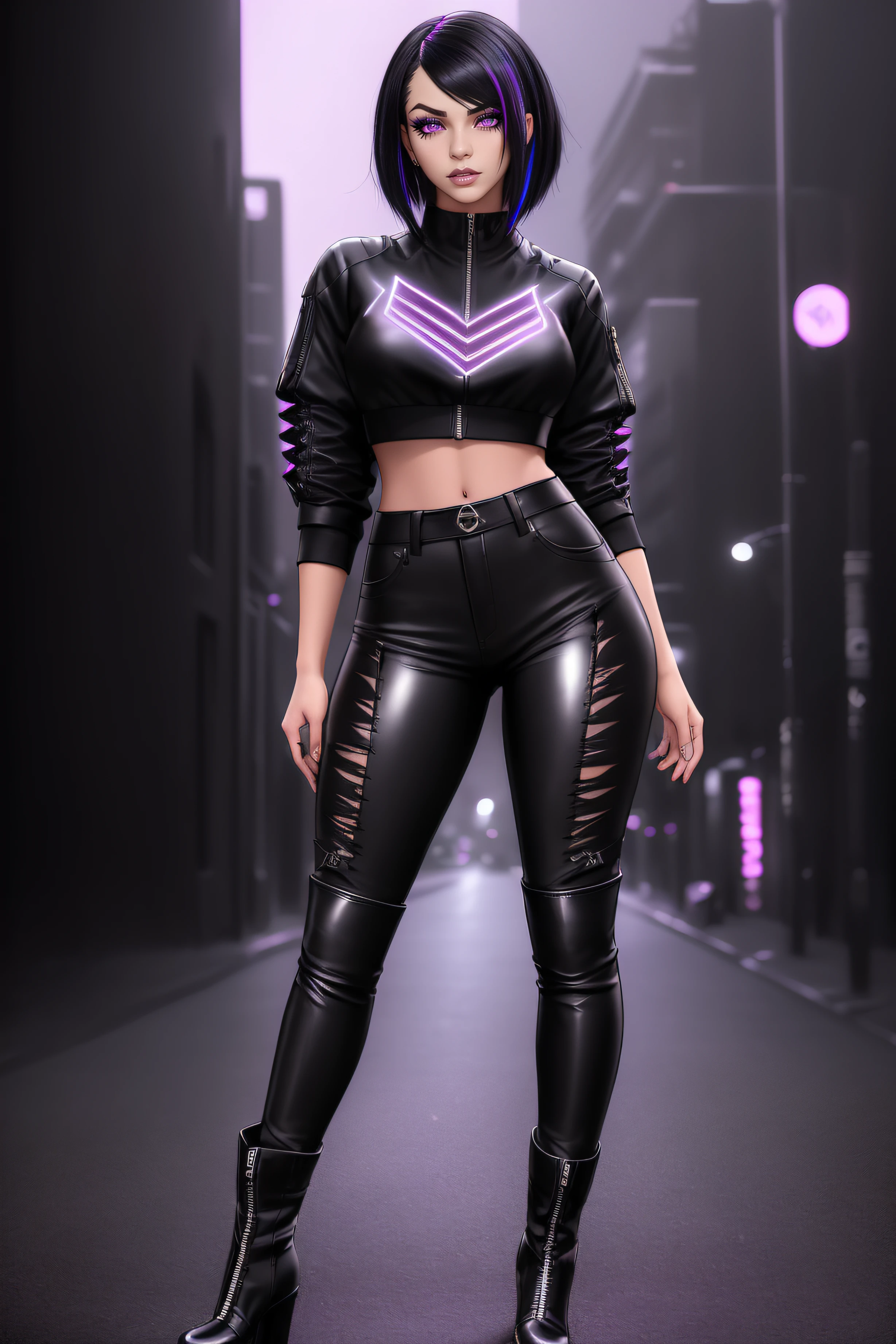 beautiful girl, ((standing:1.4)), (confident gaze:1.1), full body, short bright neon streaked black hair, ((realistic highly detailed eyes:1.4)), ((seductive pose:1.2)), black eyeshadow, (street style wear:1.2), ((tight fitted pants)), ((knee high leather boots)), (dark city night black background:1.4), dark makeup, digital art, trending on artstation, highly detailed, fine detail, intricate, detailed facial features, sharp focus, smooth, aesthetic,