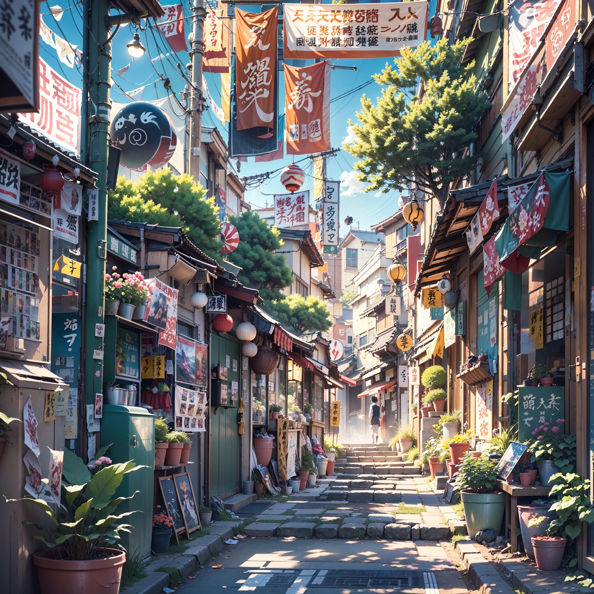 high detail, anime, anime style, sparkle, cinematic lighting, god rays, glowing light, reflection light, close-up, lens flare, masterpiece, high details, best quality, super detail, high quality, anime background, anime wallpaper, sunny weather, bright blue sky, dramatic lighting, narrow japanese urban alleyway, japanese shop signs, japanese signs, japanese banners, banners, plant pots, plants, trees, grass, cobble path, trash cans