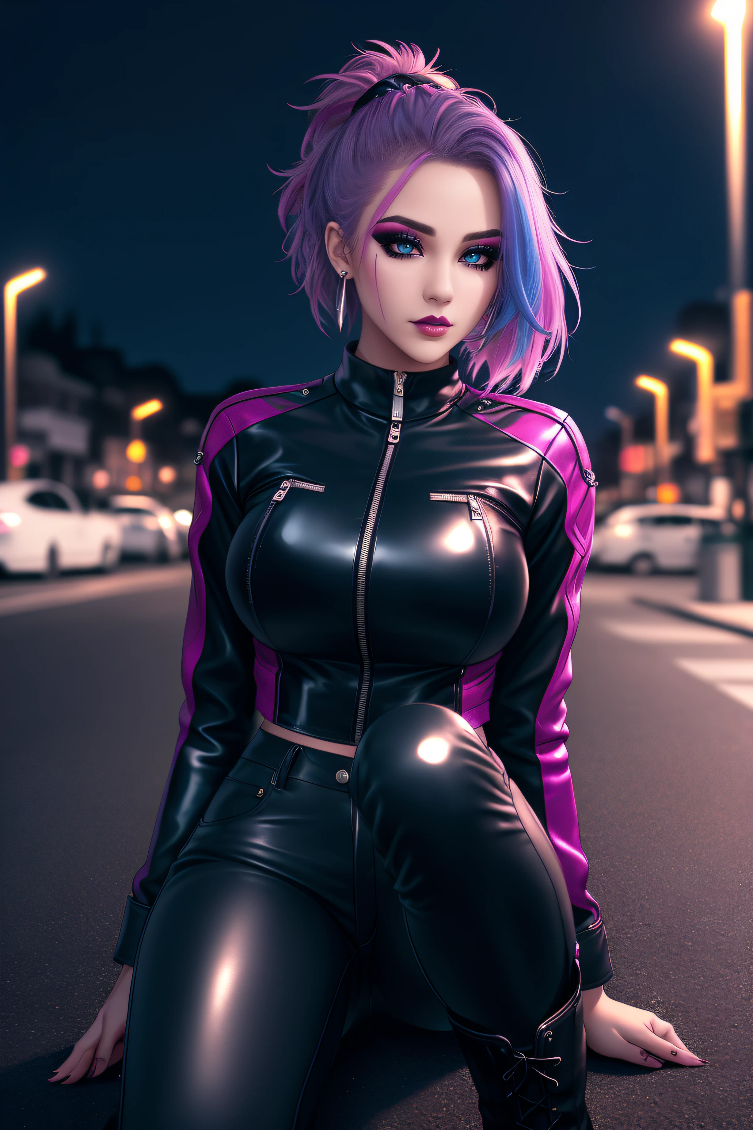 beautiful girl, full body, short bright blue and magenta streaked dishevelled hair, large blue piercing eyes, black eyeshadow, (street style wear:1.2), ((tight fitted pants)), ((knee high leather boots)), (city night background:1.2), dark makeup, digital art, trending on artstation, highly detailed, fine detail, intricate, beautiful detailed glow, detailed, Cinematic light, high-res, detailed facial features, sharp focus, smooth, aesthetic,