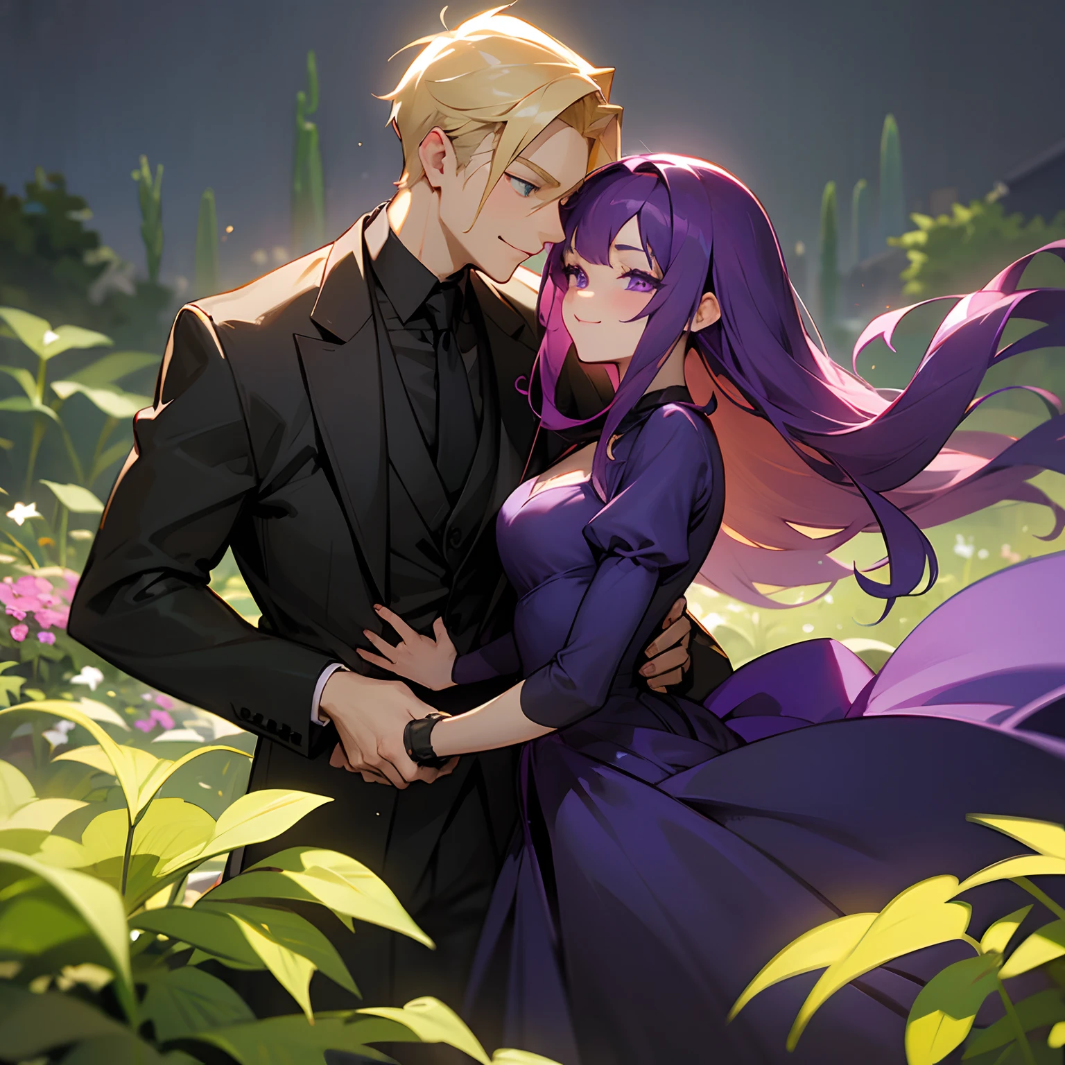 Couples,long dark purple hair, purple eyes, beautiful, domestic, woman, sly smile, black dress man has Blond hair,green eyes,man,cute,happy,jolly,sprightly,wearing black suite, background is a garden
