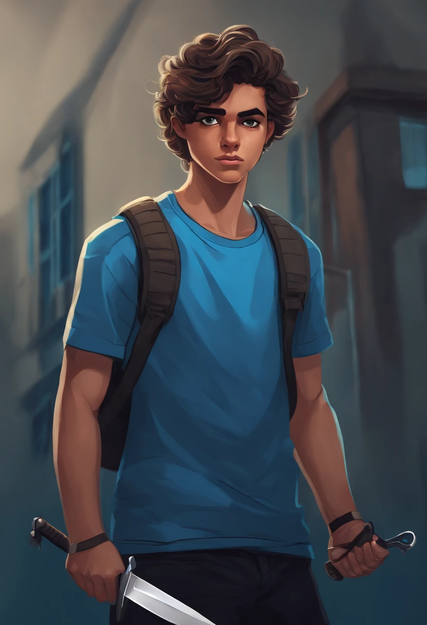 Jovem adolescente, com cabelos pretos, Wearing a blue t-shirt and with two knives in his hands. The illustration is in high definition in 4k resolution, com recursos faciais altamente detalhados e visuais em estilo cartoon