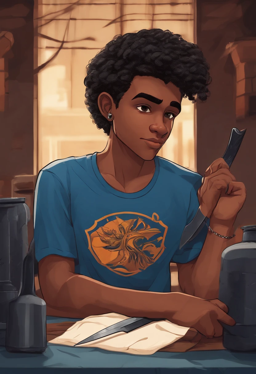 Jovem adolescente, com cabelos pretos, Wearing a blue t-shirt and with two knives in his hands. The illustration is in high definition in 4k resolution, com recursos faciais altamente detalhados e visuais em estilo cartoon