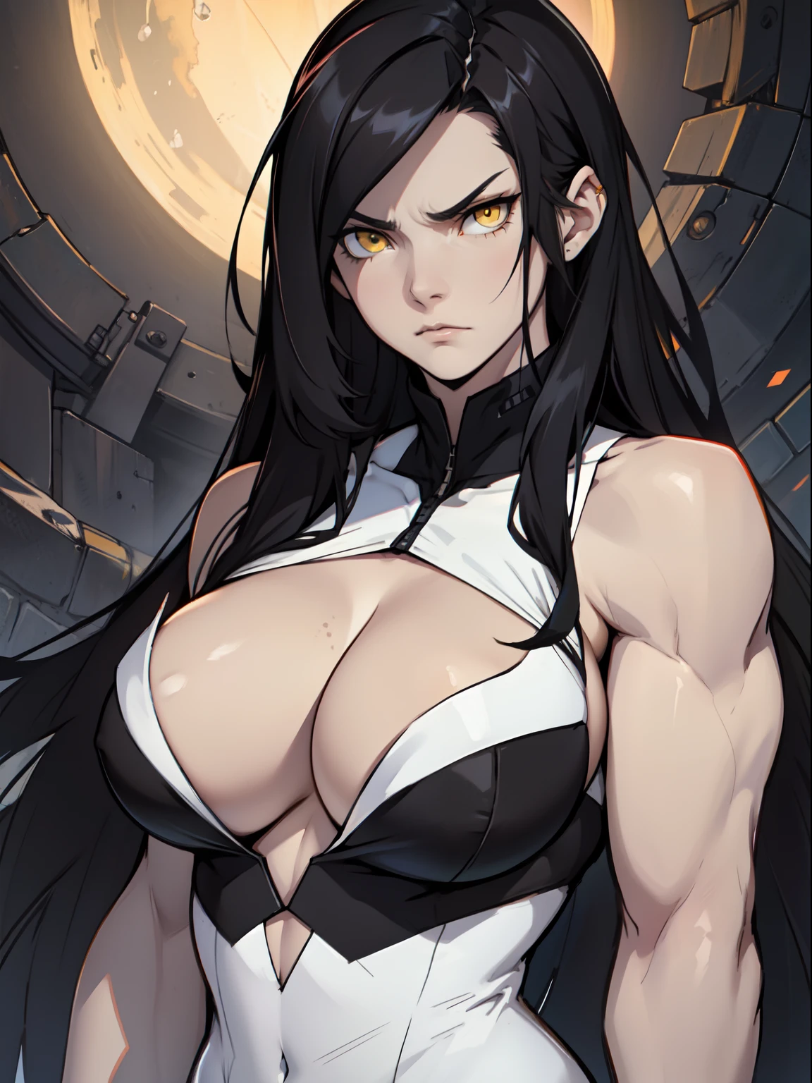 very long hair muscular girl pale skin black hair yellow eyes angry cleavage