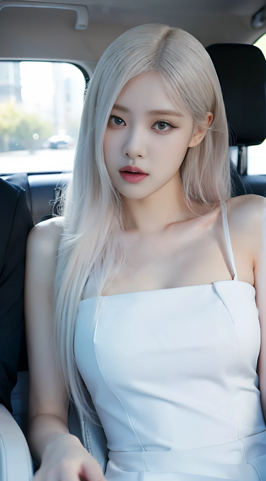 Girl with white hair, white dress, in the backseat sitting elegantly