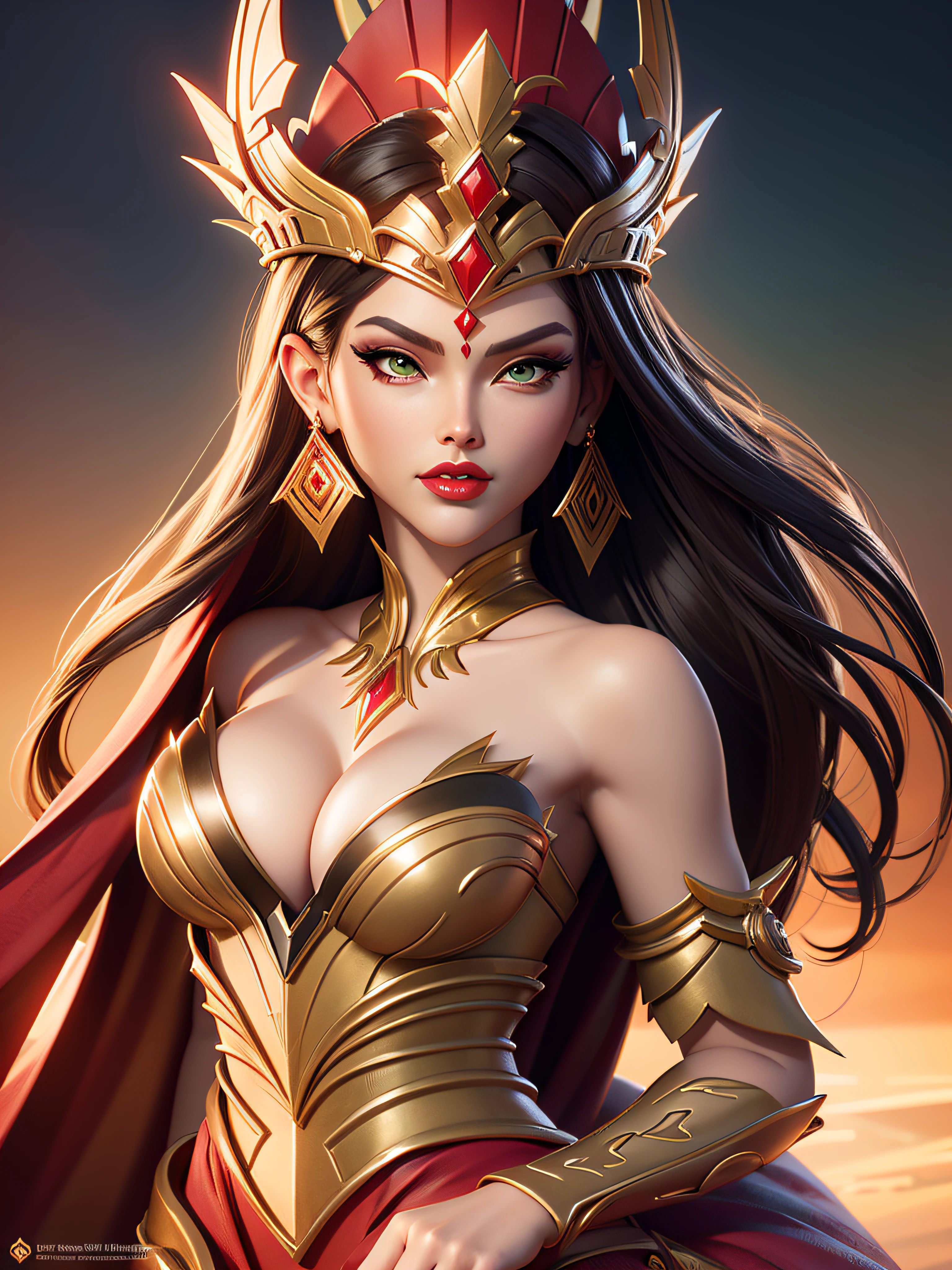 a close up of a woman (Jesica Alba :1.1) red lips, green eyes, wearing a red and gold headdress, a beautiful fantasy empress, artgerm detailed, beautiful fantasy art portrait, beautiful character painting, stunning digital illustration, ((a beautiful fantasy empress)), detailed painting 4 k, artgerm. anime illustration, 4k highly detailed digital art, fantasy art behance, extremely detailed artgerm