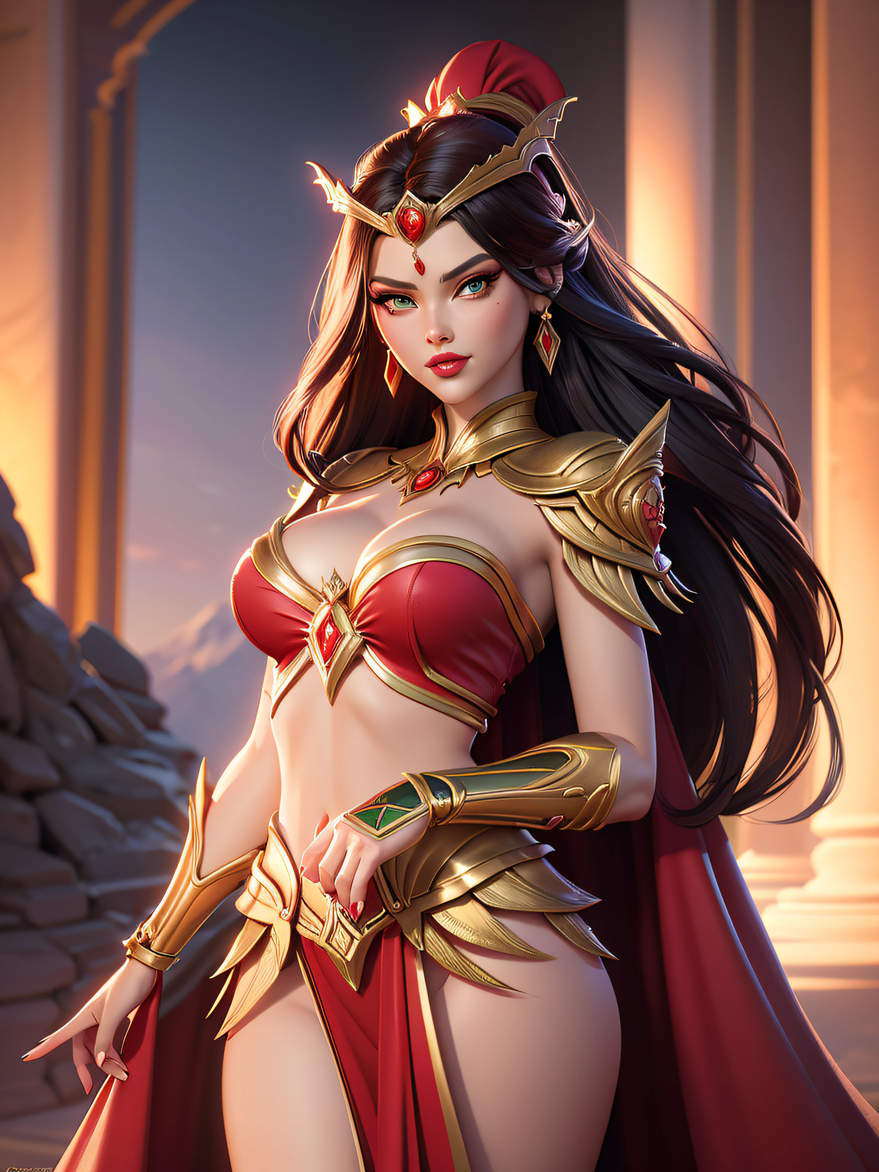 a close up of a woman (Jesica Alba :1.1) red lips, green eyes, wearing a red and gold headdress, a beautiful fantasy empress, artgerm detailed, beautiful fantasy art portrait, beautiful character painting, stunning digital illustration, ((a beautiful fantasy empress)), detailed painting 4 k, artgerm. anime illustration, 4k highly detailed digital art, fantasy art behance, extremely detailed artgerm