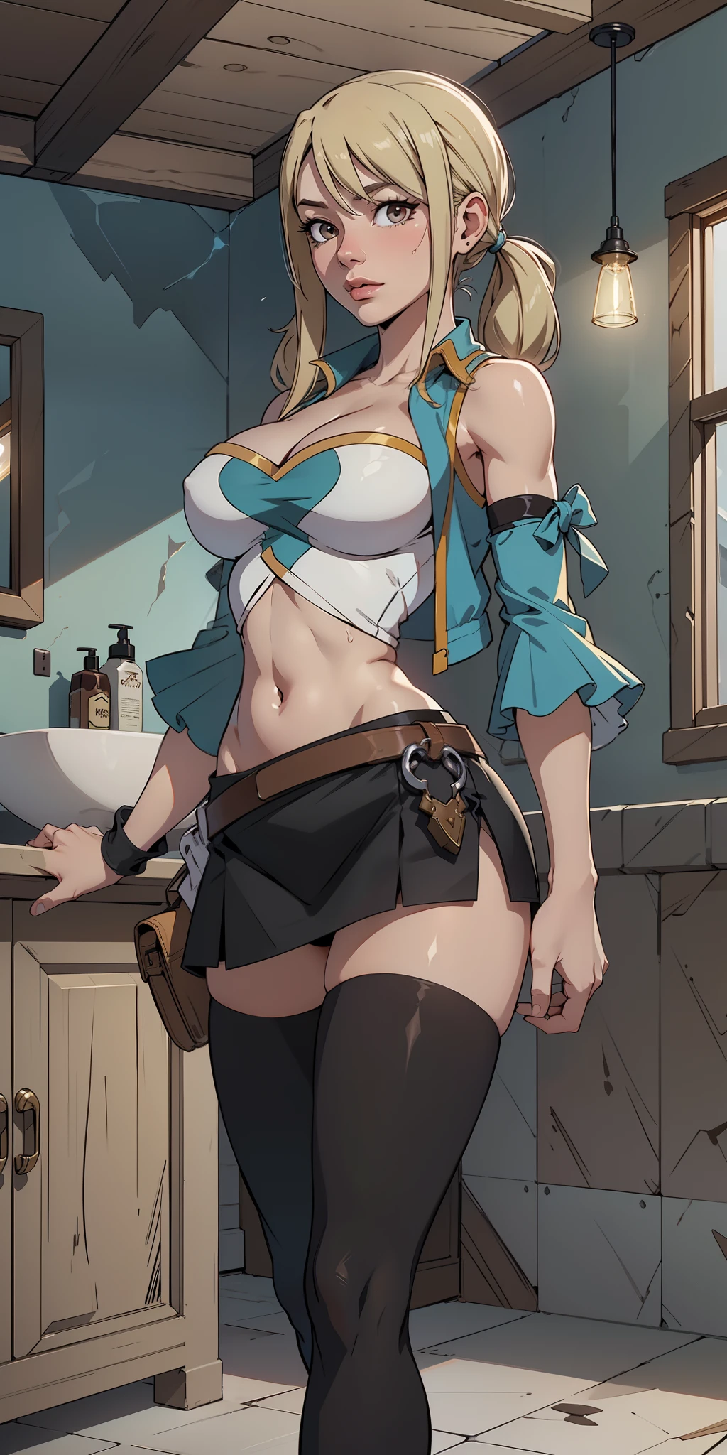 Hyper realistic super detailed sexy Lucy Heartfilia, Very detailed, expressions faciales sexy, seductive facial expressions, [:(Face detail: 1.4): 0.4], 16K resolution, 4k resolution, dinamic lighting, High definition resolution, (hyper realistic: 1.4),(contrasting background: 1.5), (Anatomy of the hyperrealistic arm), (Hyperrealistic anatomy of the legs), (peau propre), (lighting cinematic: 1.7), (intime), (Technologie NVIDIA RTX Ray Tracing), (Anatomy of the hyperrealistic arm: 2), (Ventre plat parfait), (image couleur), Lucy Heartfilia, blonde hair, Brown eyes, twintails, large breasts, black thighhighs, detached sleeves, midriff, cropped vest, strapless, belt, black skirt, bathroom,