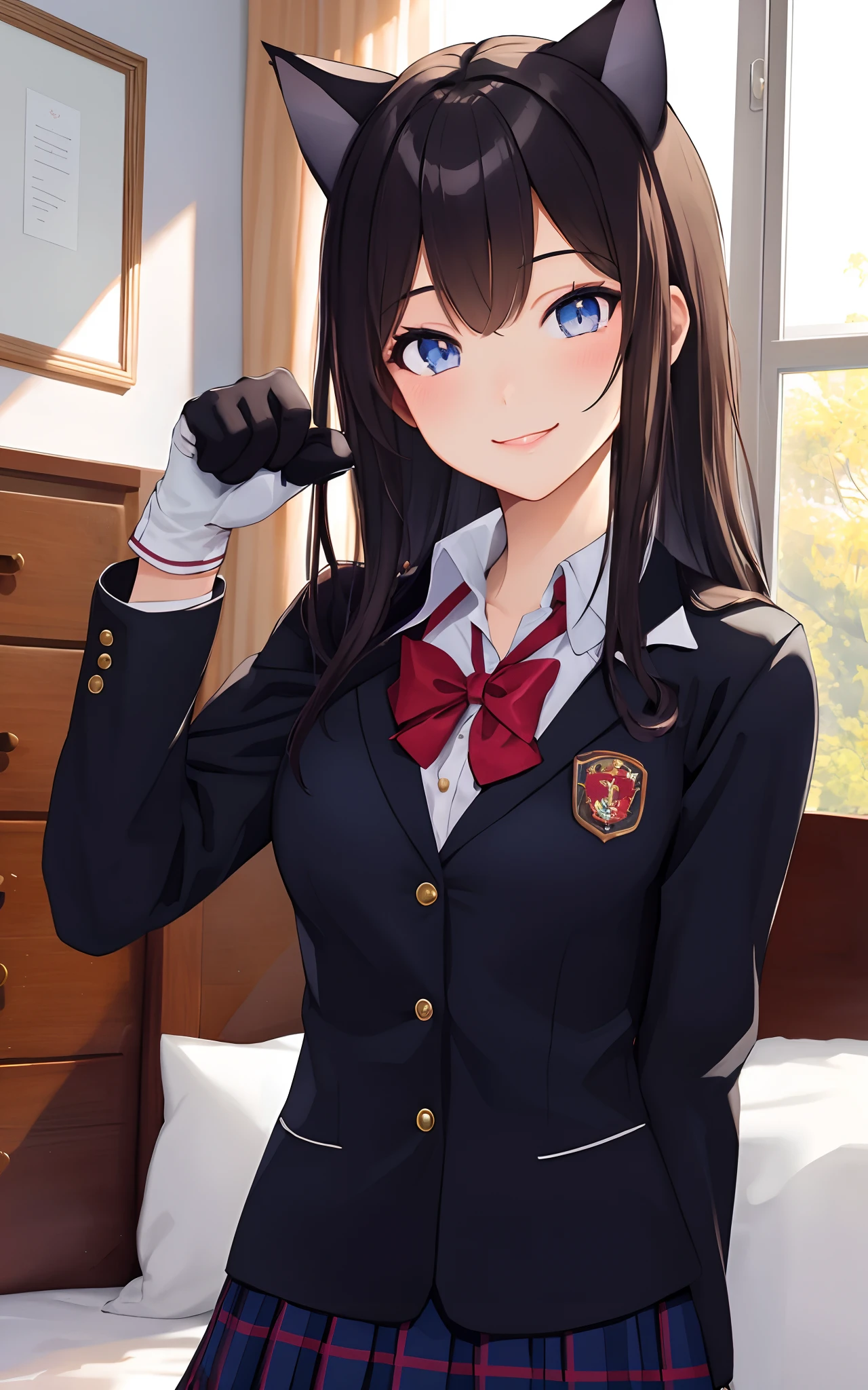 (masterpiece, best quality), 1 beautiful girl, cat ears, smile, slim body, (school uniform:1.1), (detailed beautiful eyes), paw gloves, bedroom, indoors,