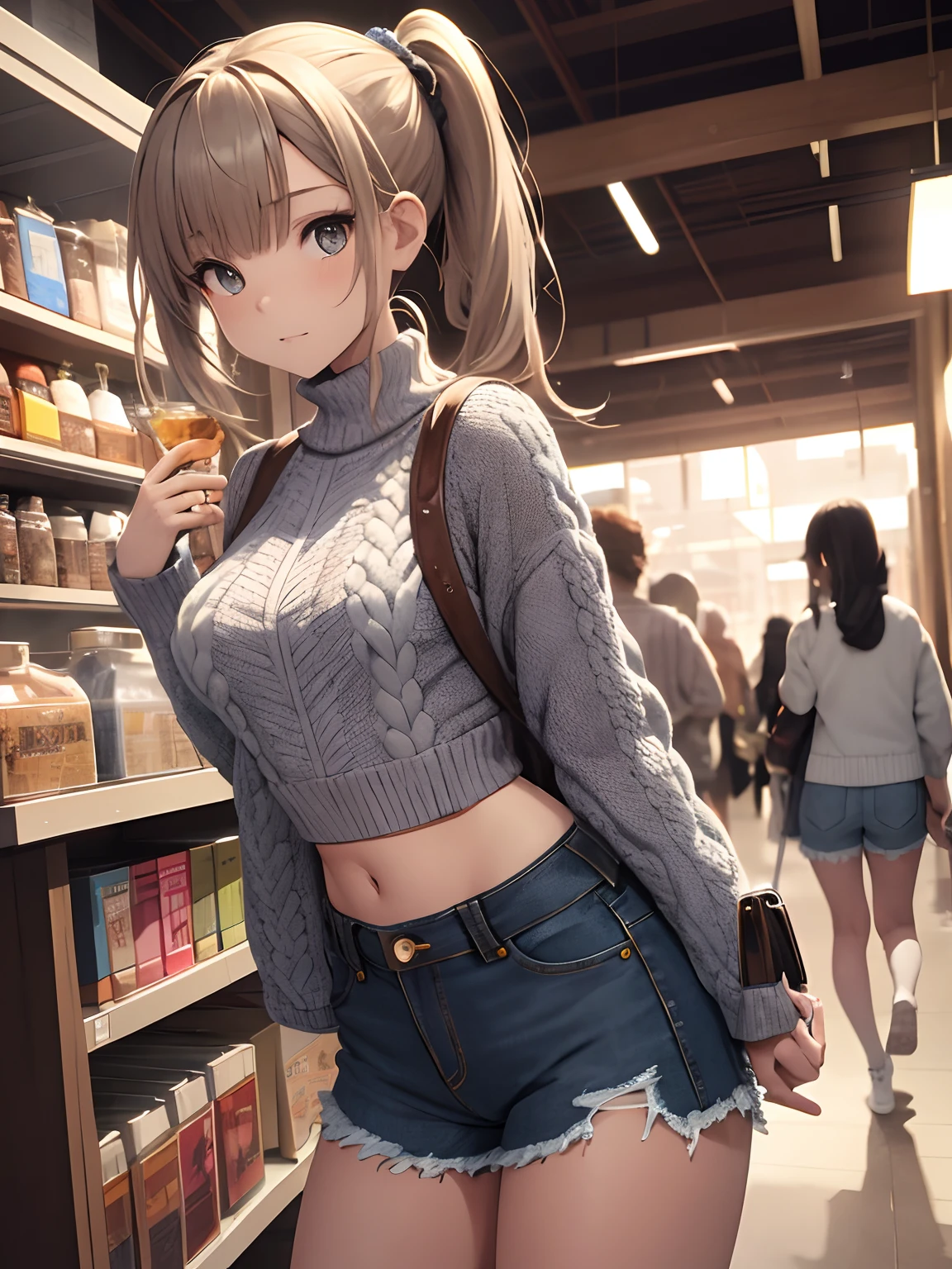 A masterpiece, high resolution, large knitwear, denim shorts, costumes with intricate patterns, cute girls with ponytails,