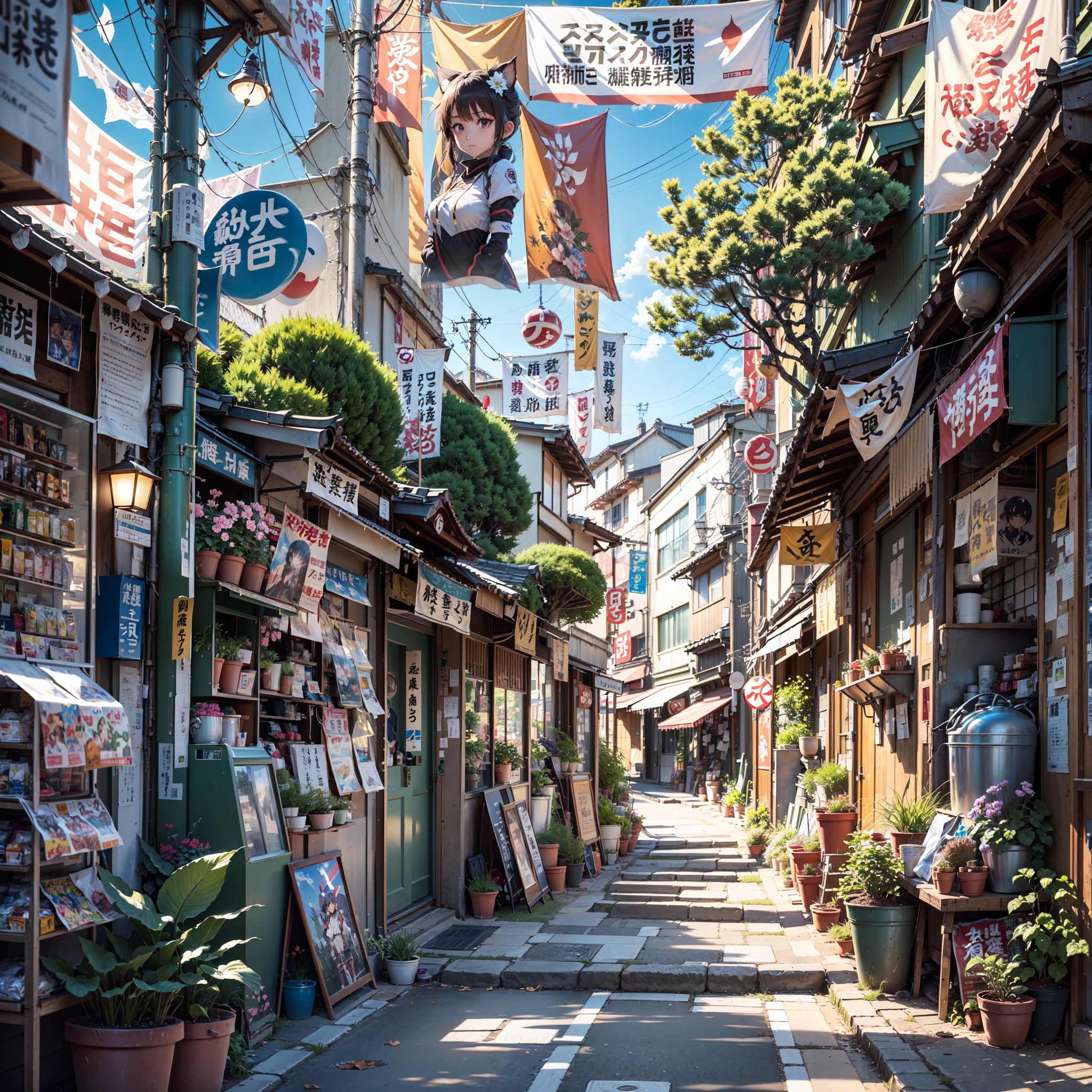 high detail, anime, anime style, sparkle, cinematic lighting, god rays, glowing light, reflection light, close-up, lens flare, masterpiece, high details, best quality, super detail, high quality, anime background, anime wallpaper, sunny weather, bright blue sky, dramatic lighting, narrow japanese urban alleyway, japanese shop signs, japanese signs, japanese banners, banners, plant pots, plants, trees, grass, cobble path, trash cans
