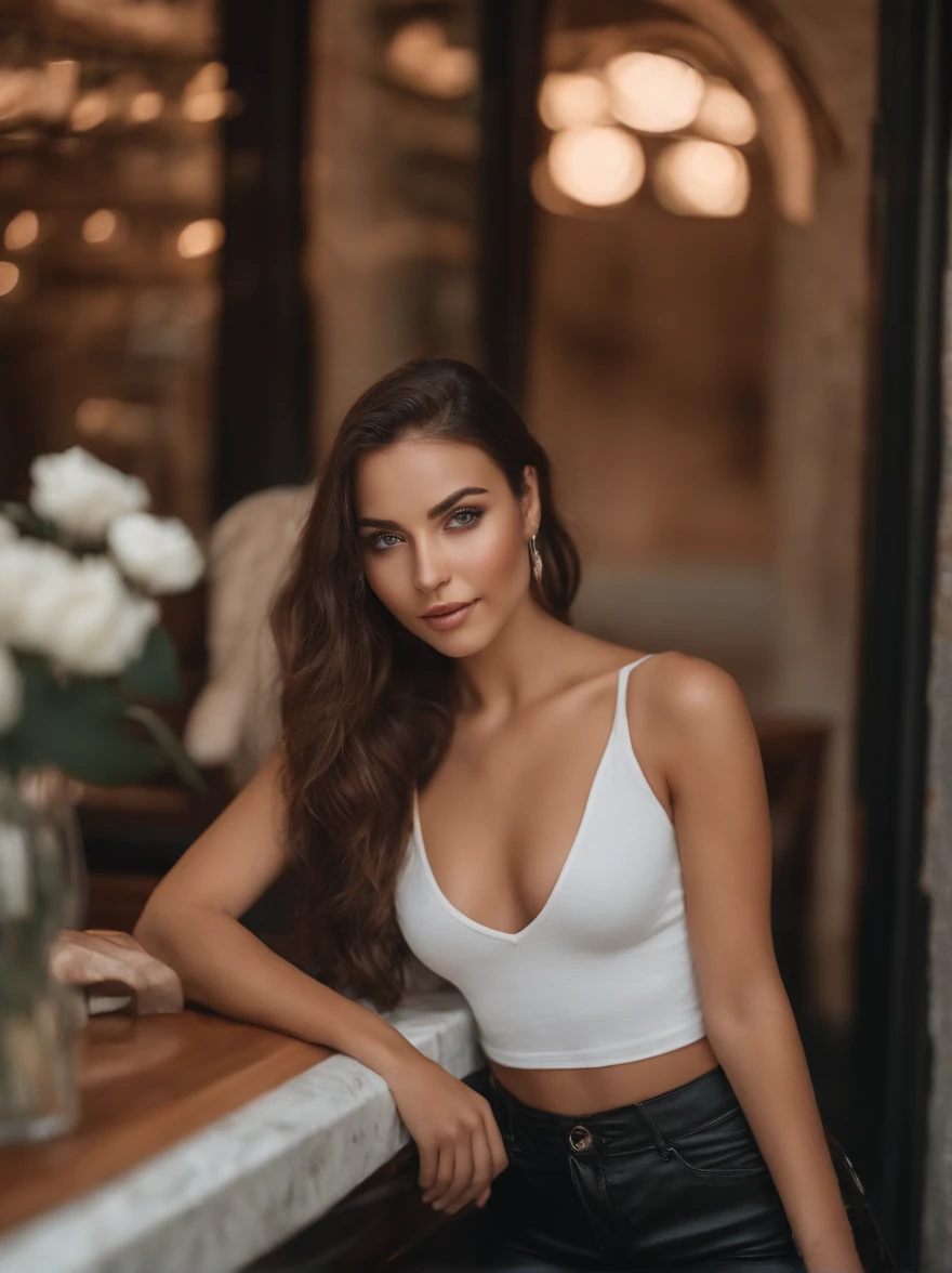 Arafed femme avec une fille sexy aux yeux bruns, Portrait Sophie Mudd, cheveux bruns et grands yeux, Selfie of a young woman looking directly at the camera, Visage avec Artgram, Maquillage subtil, Superbe photo du corps, sitting at a café terrace (NSFW (en anglais seulement):1.5)