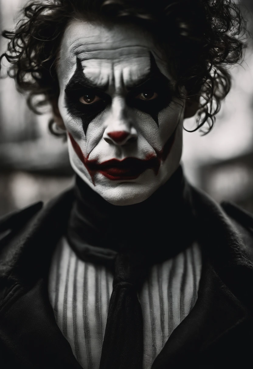 O Coringa (best quality,fotorrealista),(Escuro,pressentimento) Man,olhos negros detalhados,longos cabelos pretos que lembram a noite,pale skin,Visible dark circles,corpo atletico, mas coberto de cicatrizes,Atmosfera sinistra,gothic aesthetic,nightmare appearance,olhar intenso,Aura misteriosa, postura sinuosa e tensa,dramatic shadows and lighting,vivid contrast between light and dark,hint of danger,atmosfera encantada